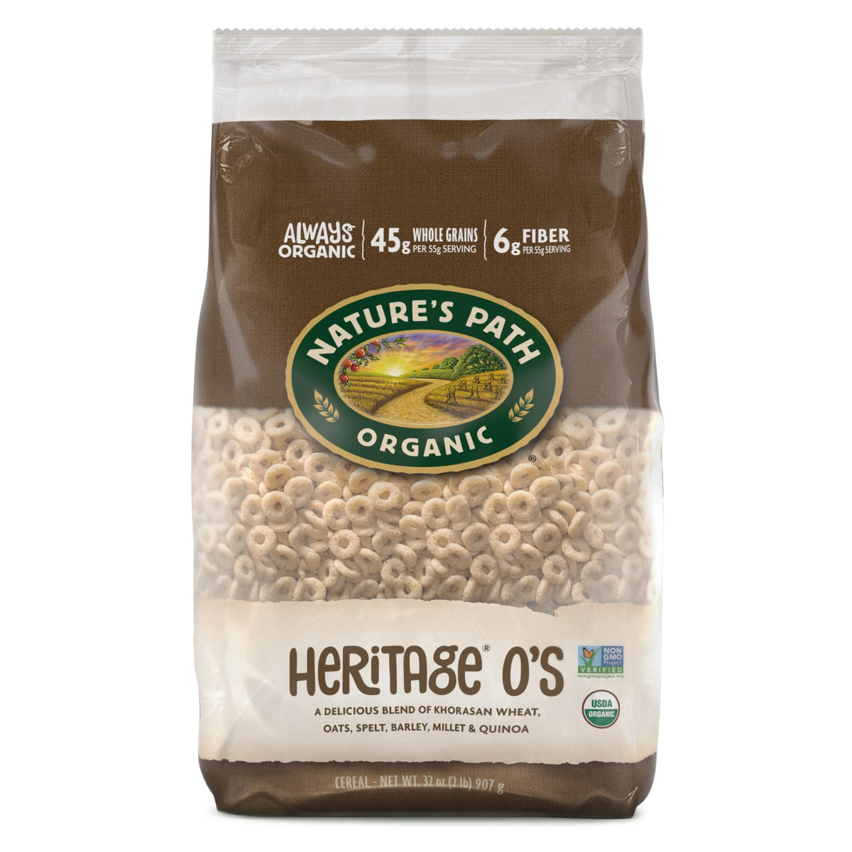 Nature's Path Heritage O's packaging in eco-friendly bag for organic breakfast