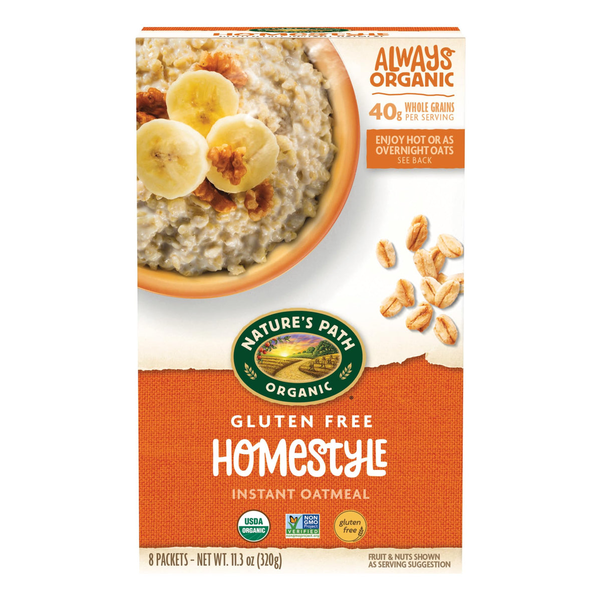 Nature's Path Homestyle Instant Oatmeal box showing six boxes in a bundle, gluten-free option.