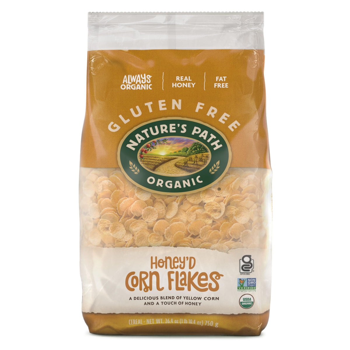 Nature's Path Honey'D Corn Flakes in a bowl for gluten-free breakfast.