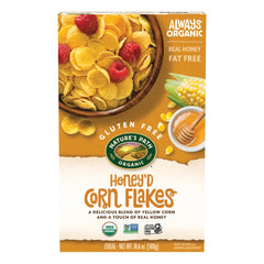 Nature's Path Honey'D Corn Flakes box front, gluten-free organic breakfast option.