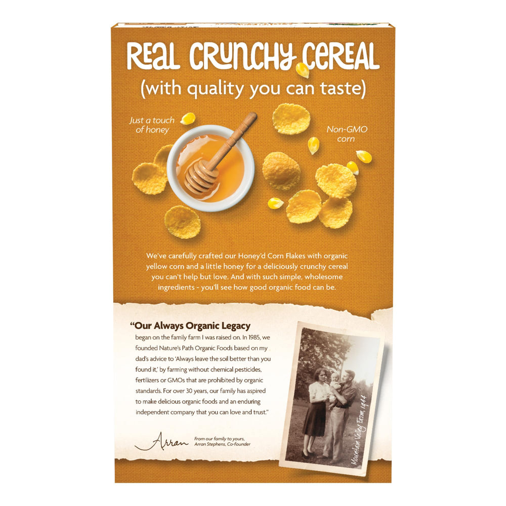 Nature's Path Honey'D Corn Flakes gluten-free label with organic certification.