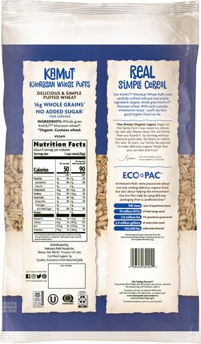 Nature's Path Kamut Puffs packaging shows a convenient six-oz bag.