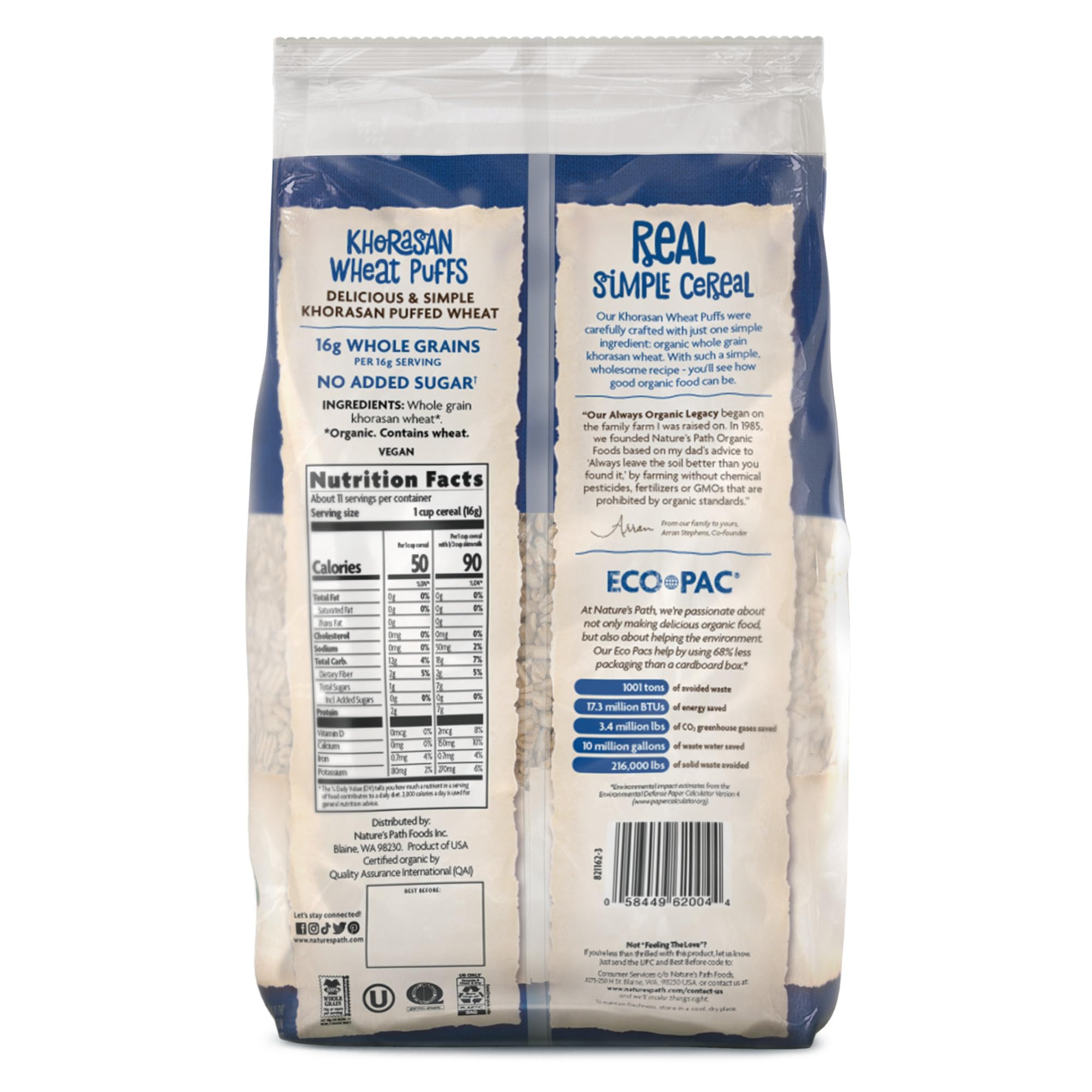 Nature's Path Khorasan Wheat Puffs close-up grains highlight ancient Kamut.