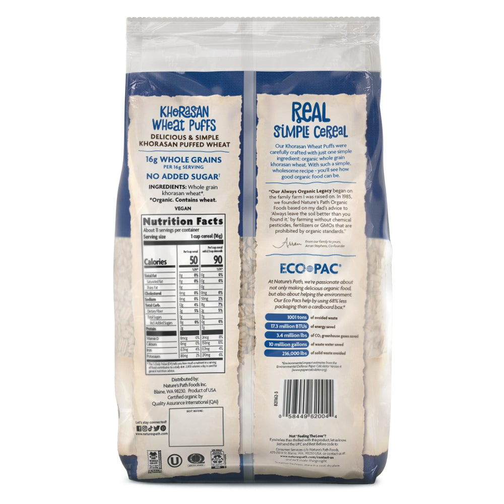 Nature's Path Khorasan Wheat Puffs close-up grains highlight ancient Kamut.