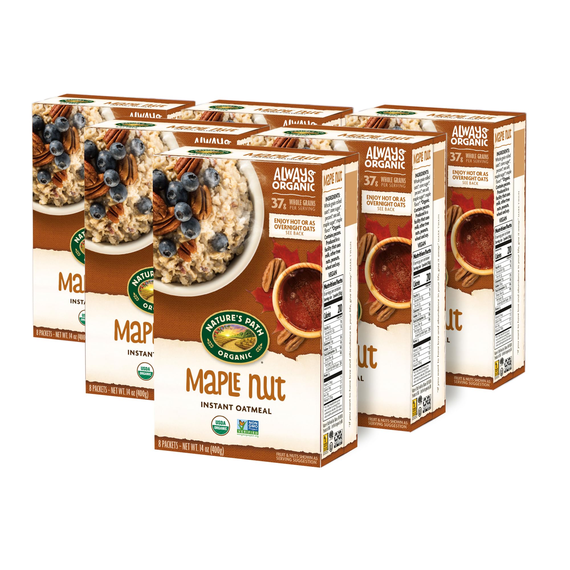 Nature's Path Maple Nut Instant Oatmeal in a steaming bowl with warm maple aroma