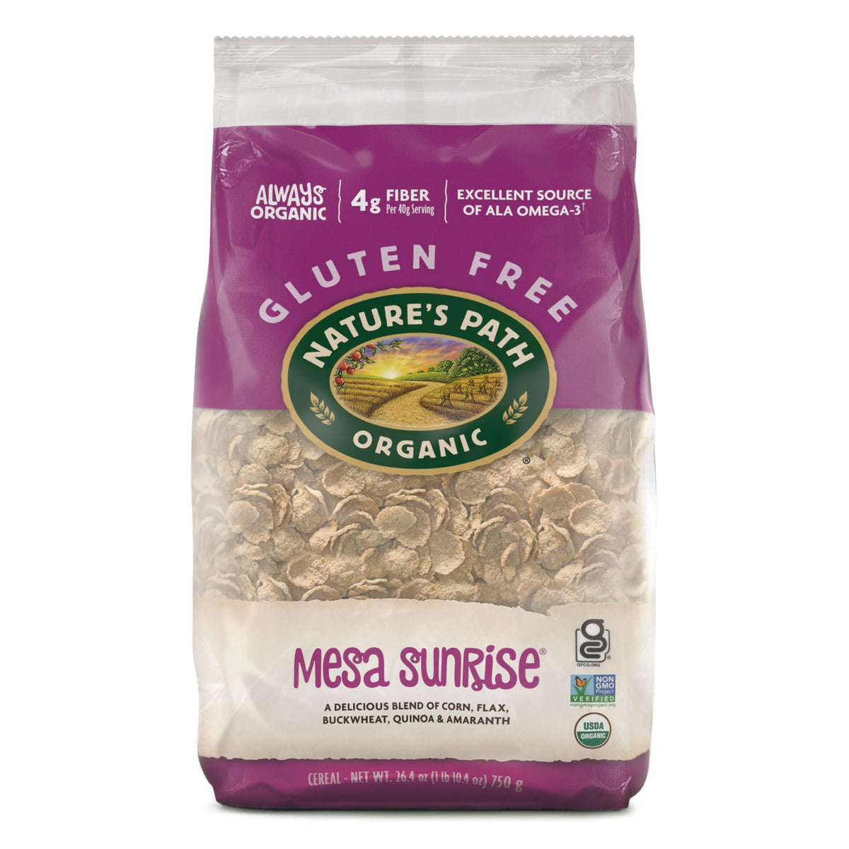 Nature's Path Mesa Sunrise cereal in a bowl with milk for a gluten-free breakfast crunch.