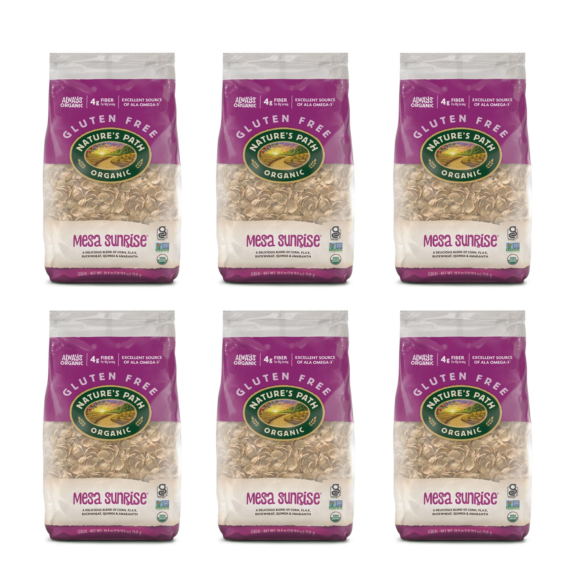 Nature's Path Mesa Sunrise flax seeds boosting omega-3 in a light cereal.