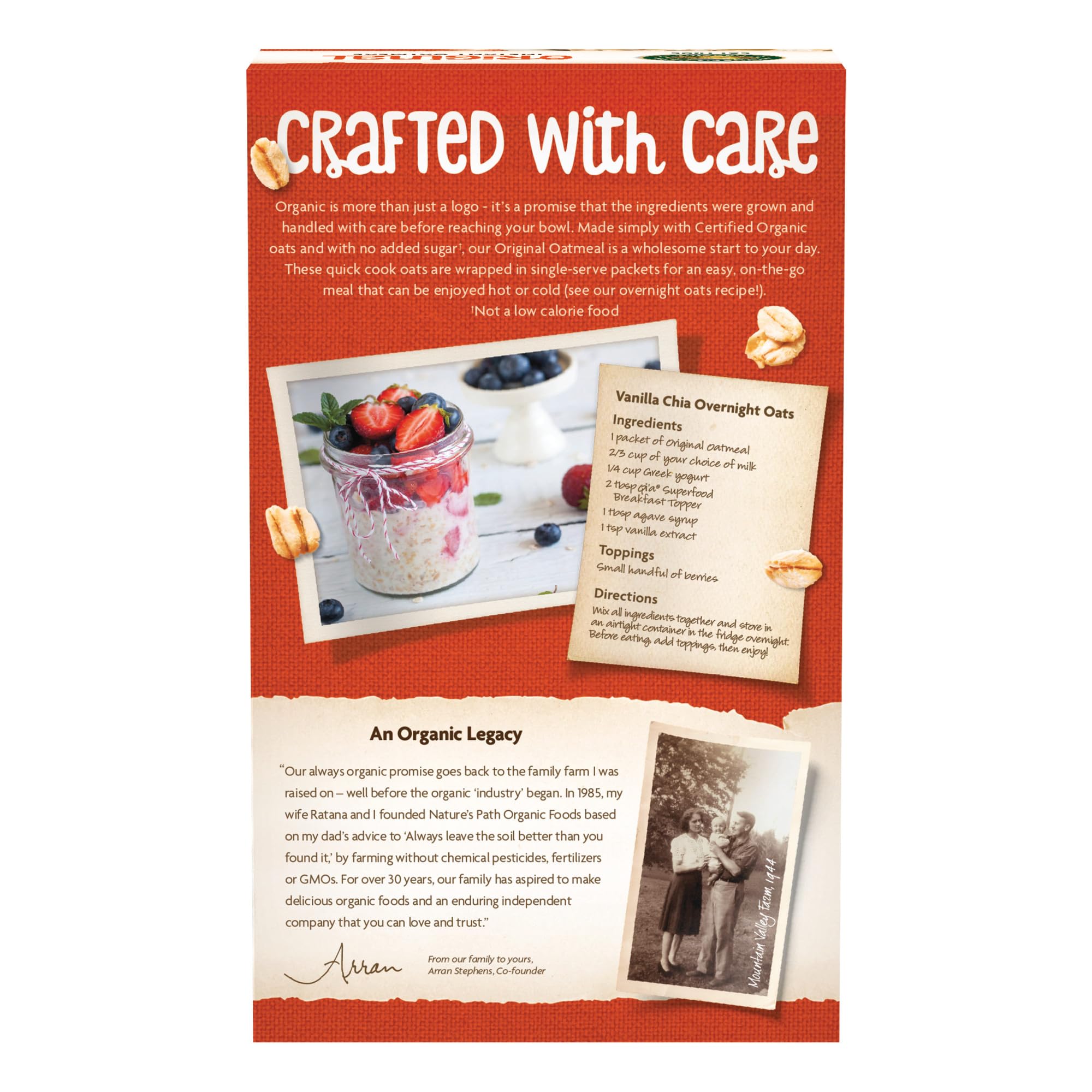 Nature's Path Oatmeal fiber and protein profile on the package.
