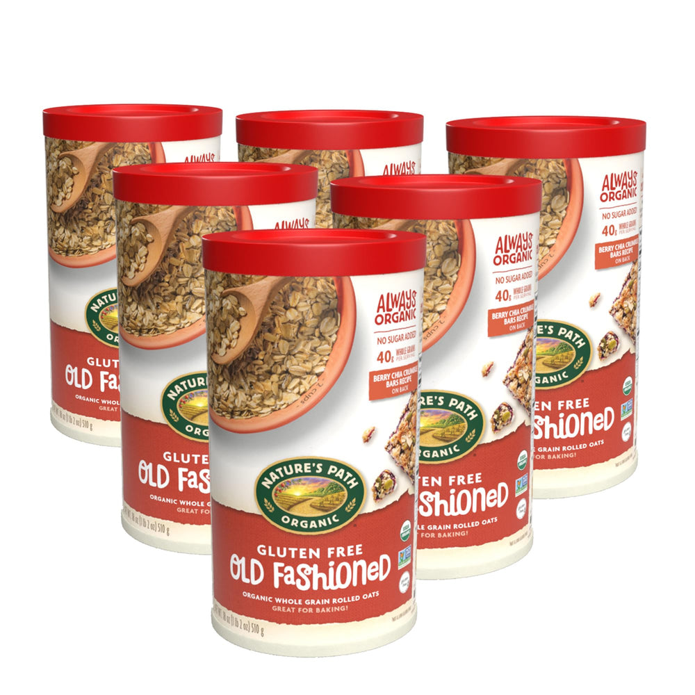 Open resealable Nature's Path oats canister shows easy storage and freshness.