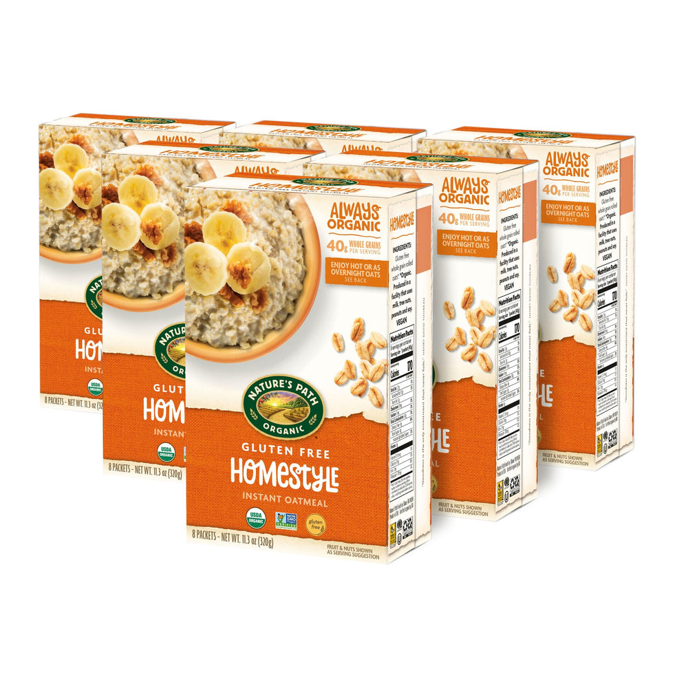 Gluten-free label on Nature's Path Organic Oatmeal packaging.