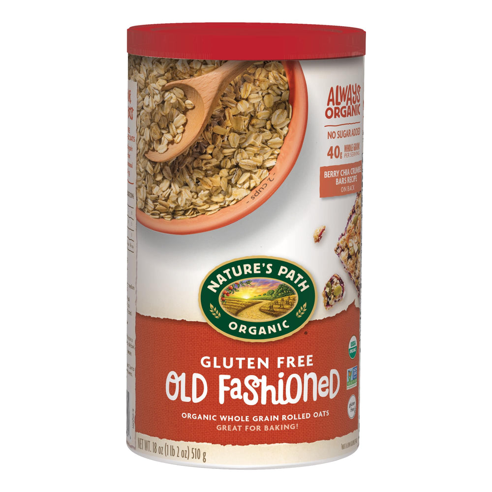 Nature's Path Organic Old Fashioned Oats canister on shelf for gluten-free breakfast.