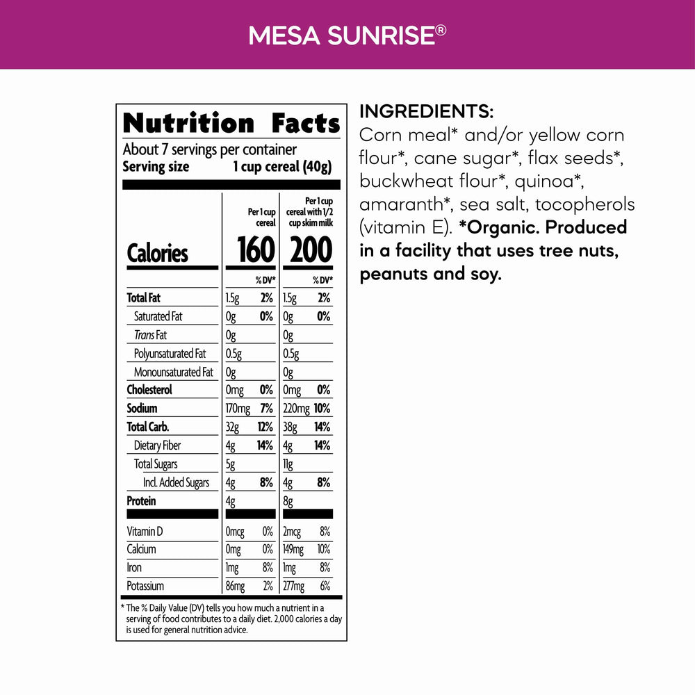 Nature's Path Mesa Sunrise highlights organic quinoa and amaranth for balanced morning nutrition.