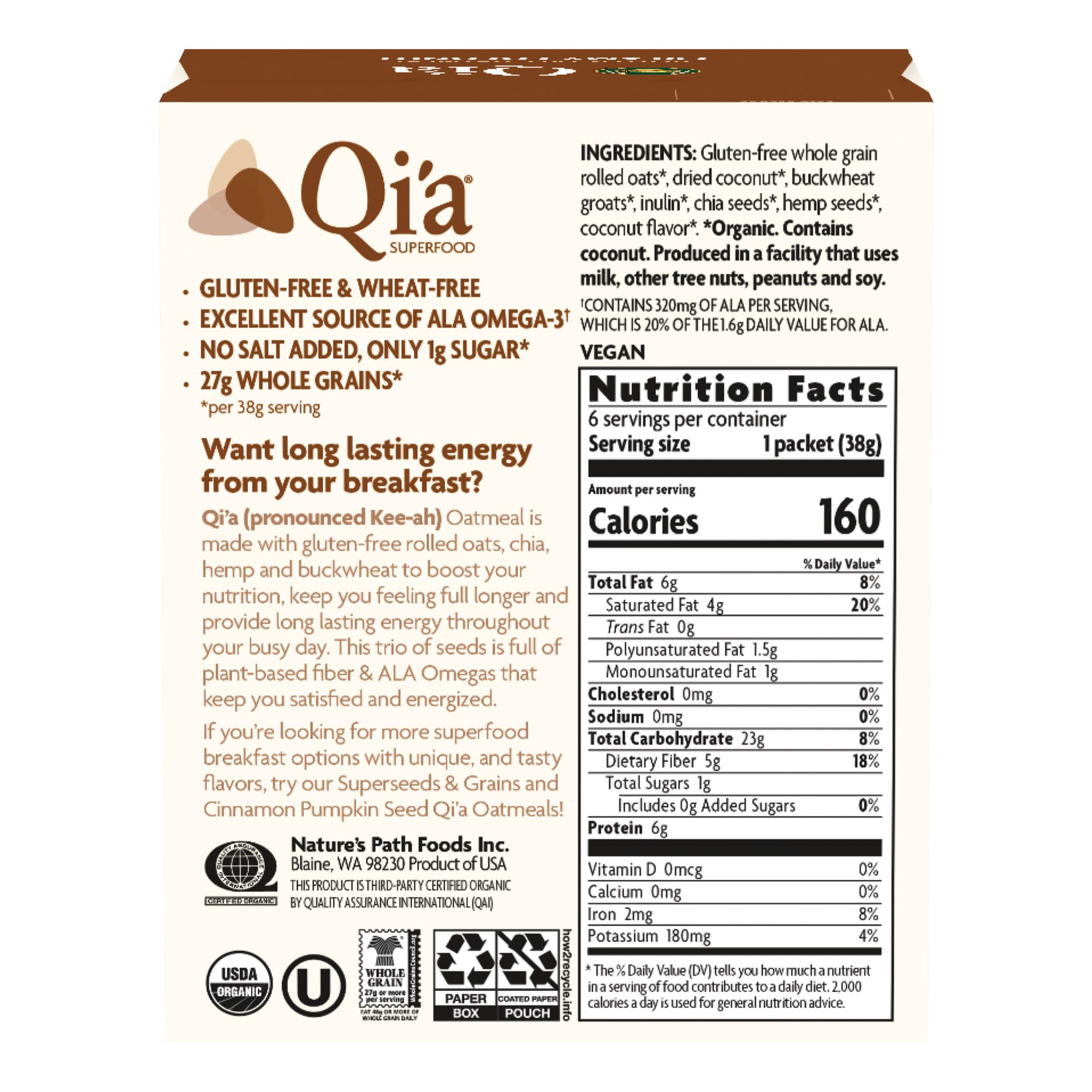 Ready-to-eat bowl of Nature's Path Qi'a for breakfast.
