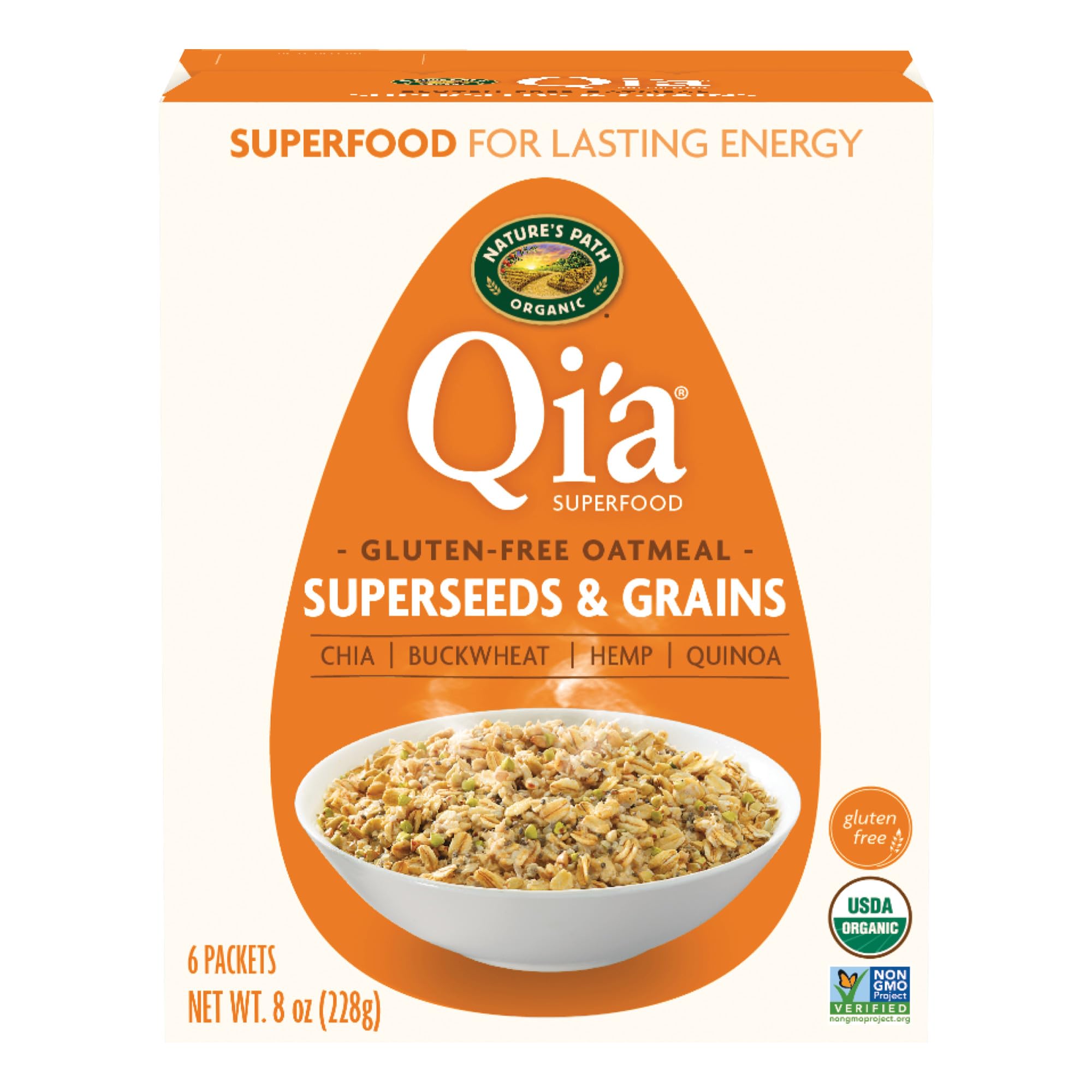 Nature's Path Qi'a Superseeds & Grains oatmeal box highlighting gluten-free, non-GMO ingredients.