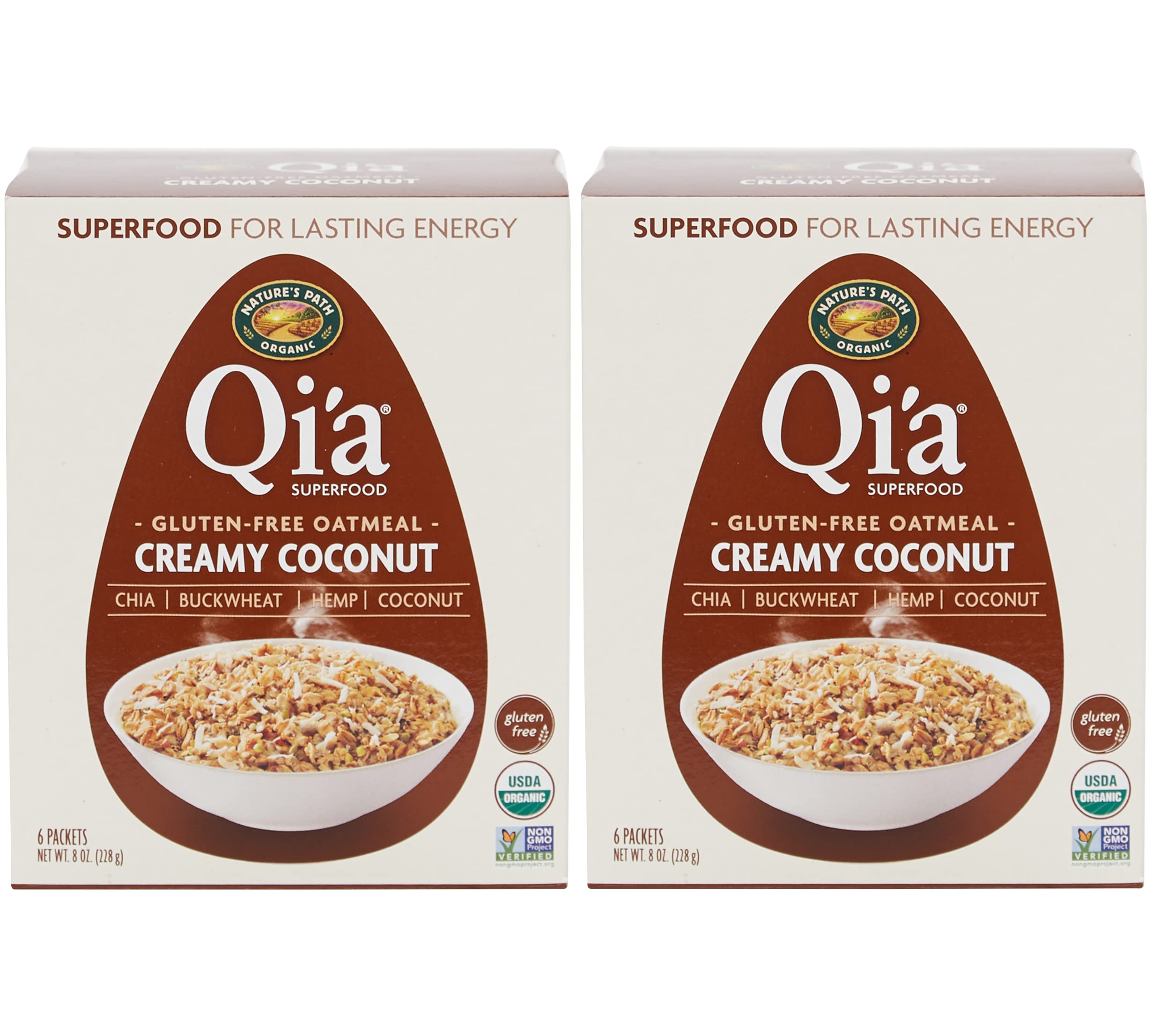 Nature's Path Qi'a Creamy Coconut oatmeal box front, ready for a quick breakfast.