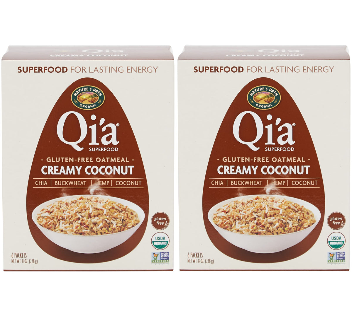 Nature's Path Qi'a Creamy Coconut oatmeal box front, ready for a quick breakfast.