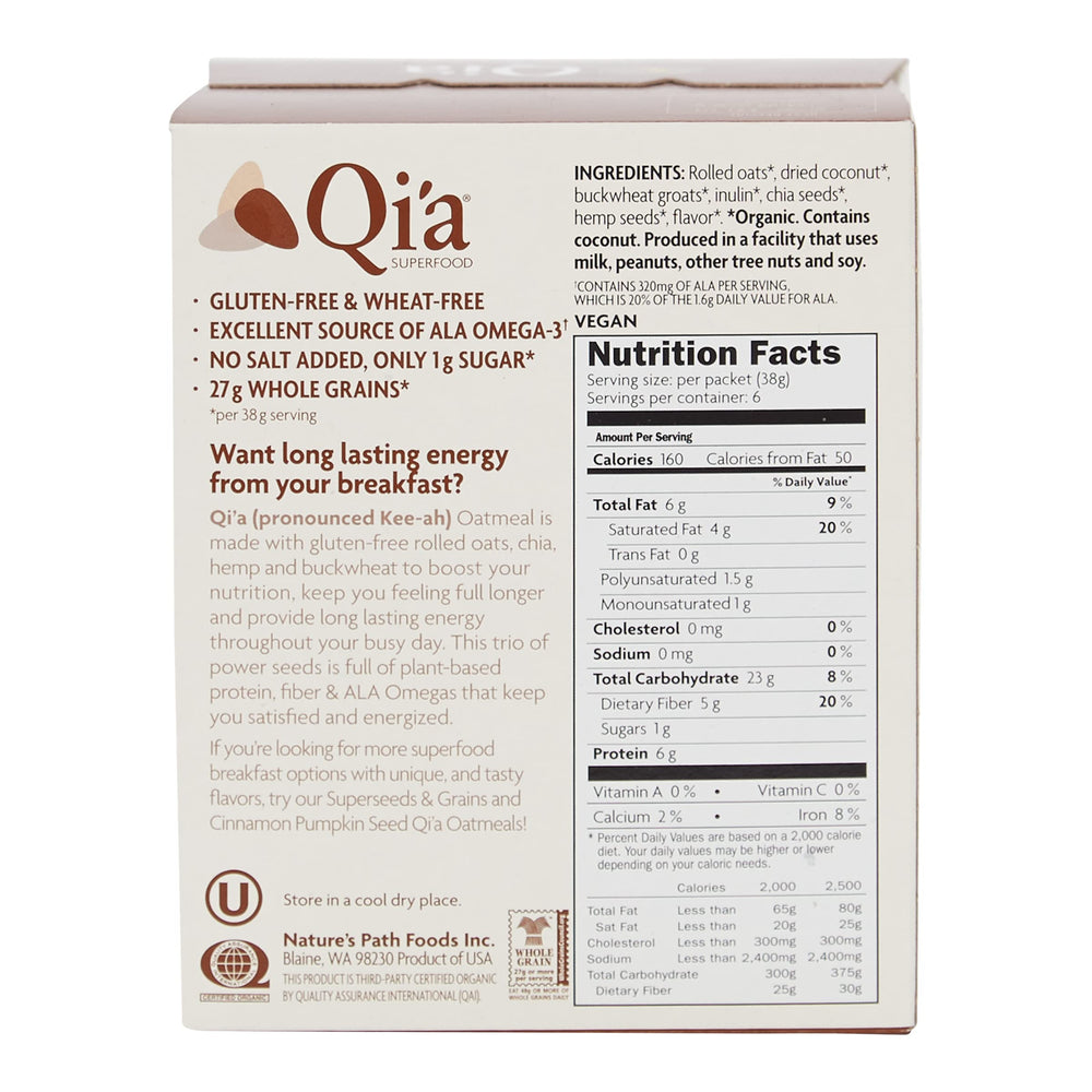 Nature's Path Qi'a Creamy Coconut packets inside two boxes for on-the-go mornings.