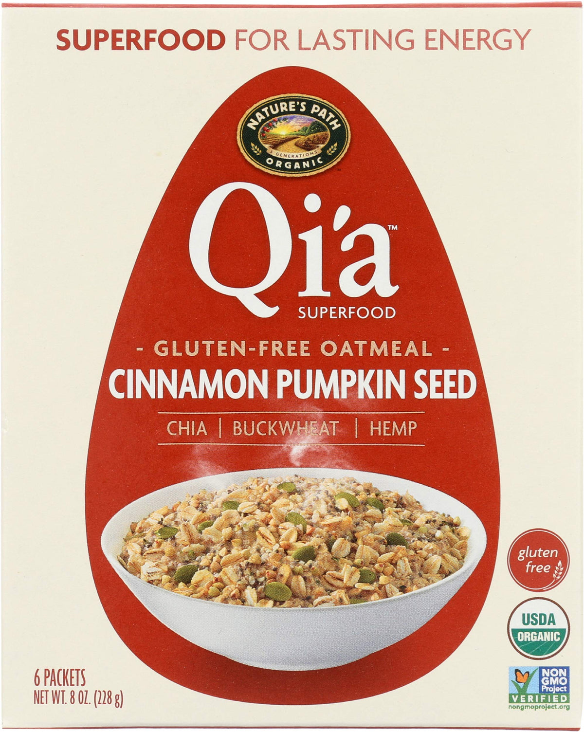 Nature's Path Qia Superfood oatmeal box with cinnamon pumpkin seeds for gluten-free breakfast