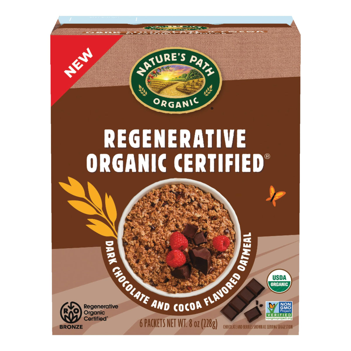 Nature's Path regenerative dark chocolate oatmeal pack highlights organic ingredients for mindful mornings.