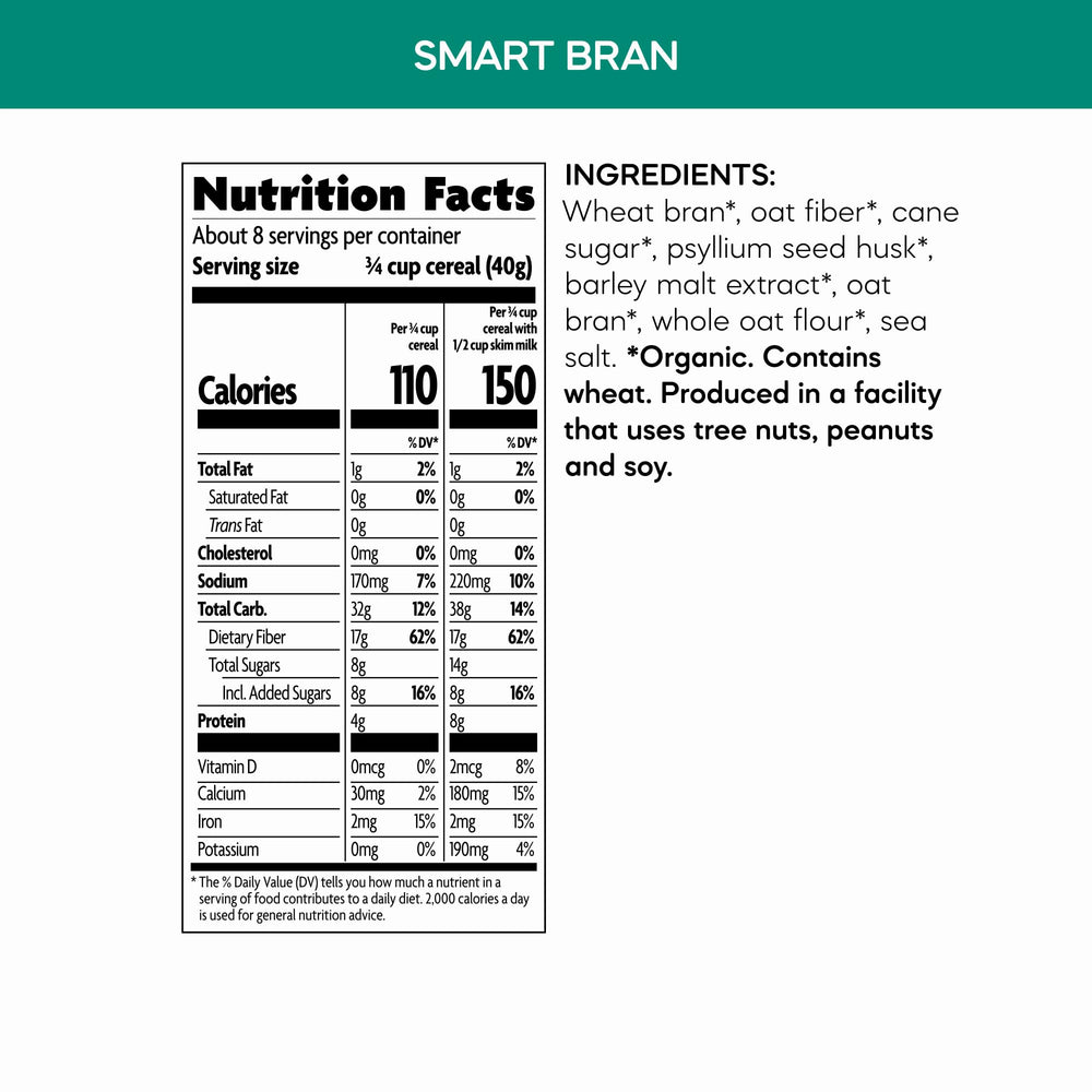 Nature's Path Smart Bran close-up reveals fiber-rich grains and natural ingredients.