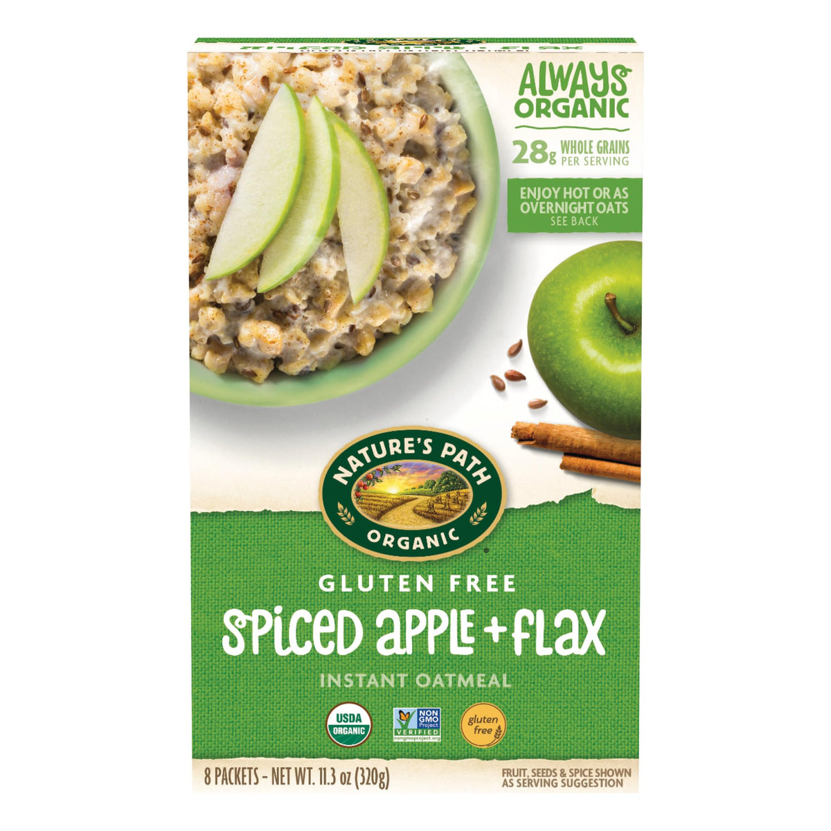 Nature's Path spiced apple flax instant oatmeal box six-pack for quick breakfasts.
