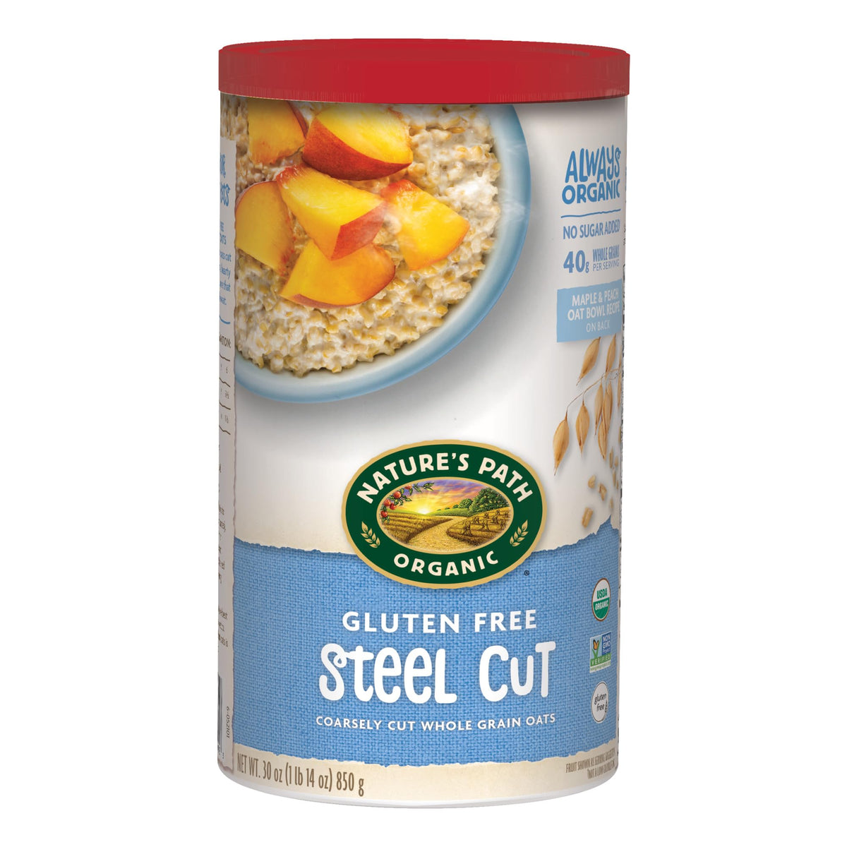 Nature's Path steel cut oats canister, ready for pantry storage and cooking