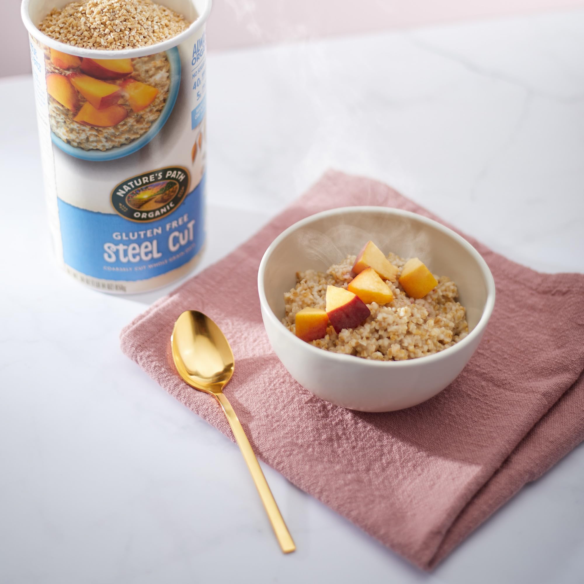 Nature's Path steel cut oats prepared as porridge, creamy texture