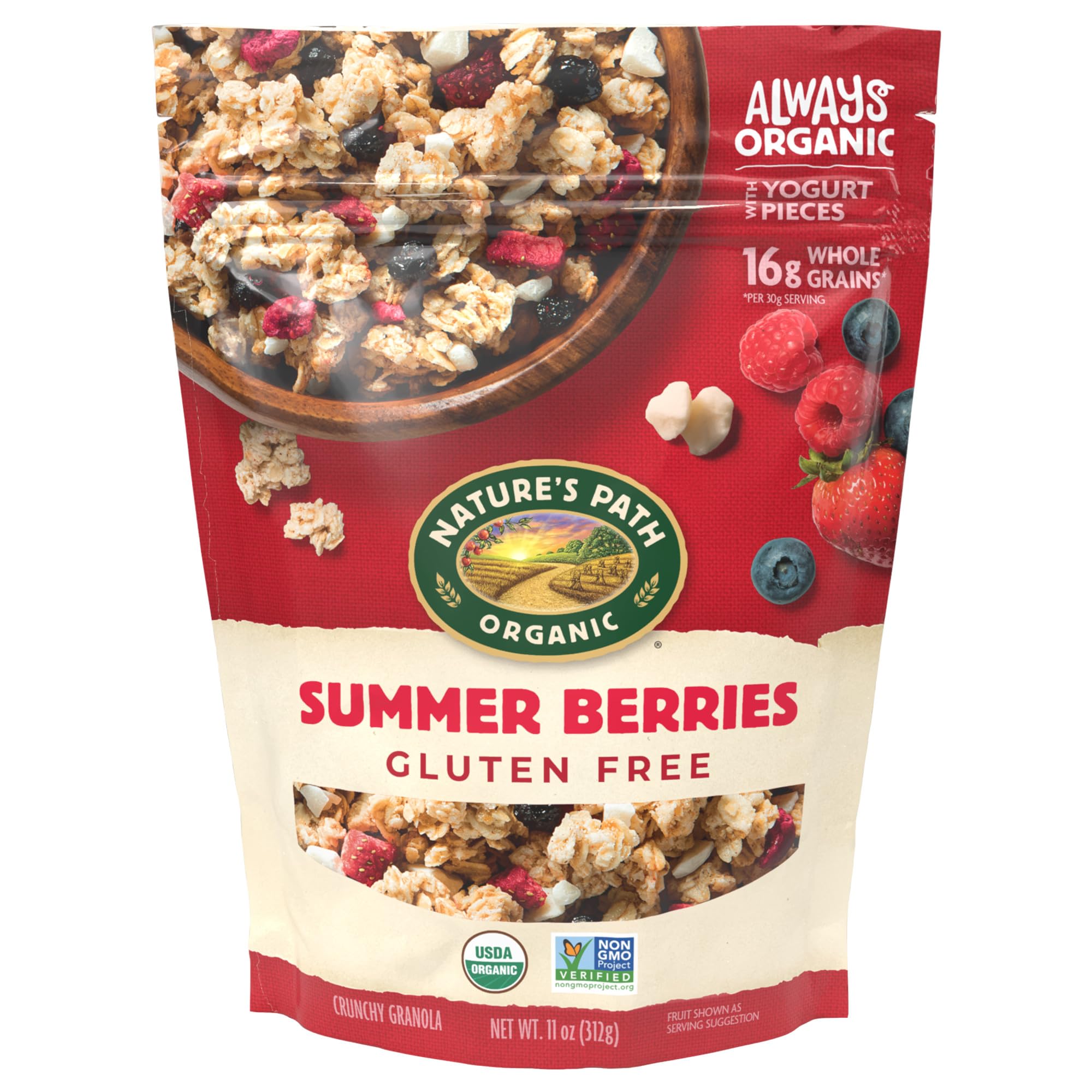 Nature's Path Summer Berries Granola clusters in a bowl, rich in whole grains and gluten-free, ideal for on-the-go mornings