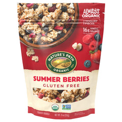 Nature's Path Summer Berries Granola clusters in a bowl, rich in whole grains and gluten-free, ideal for on-the-go mornings