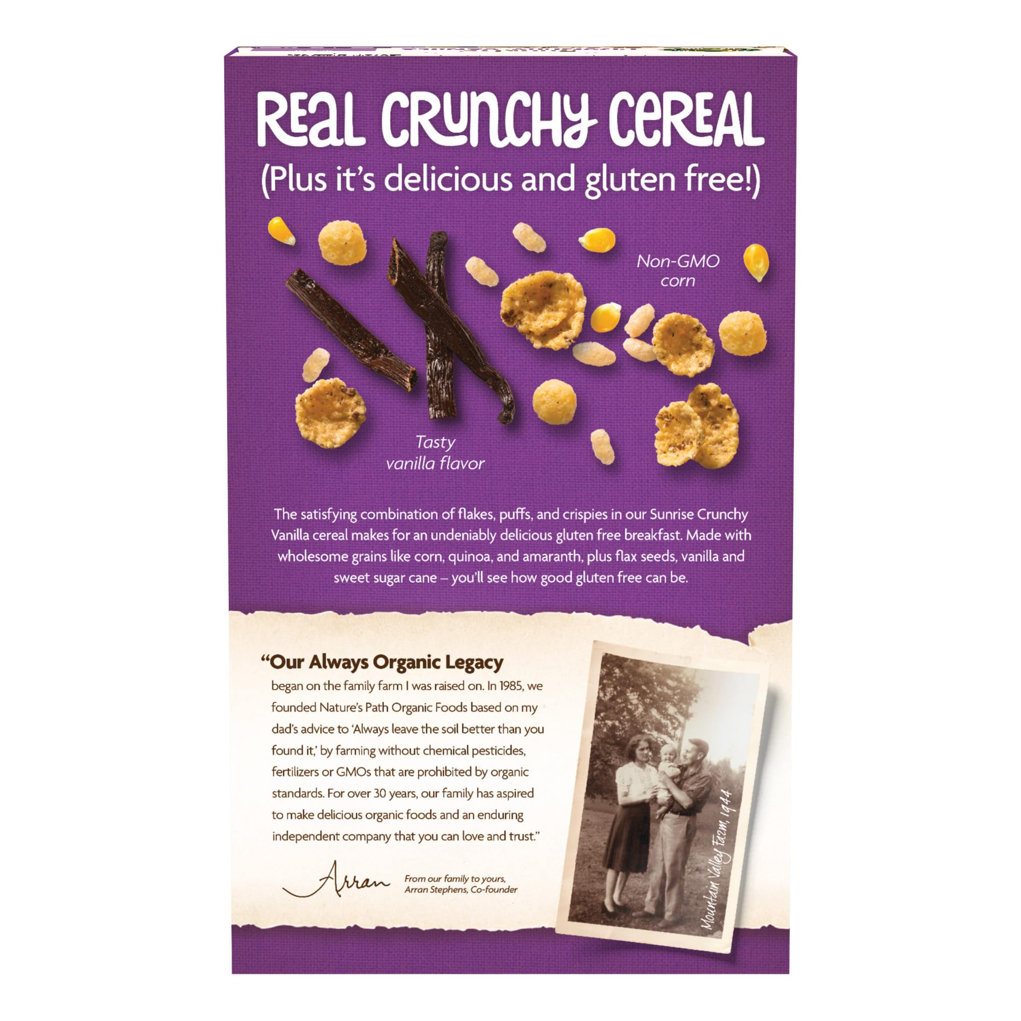 Organic grain blend close-up in Nature's Path Sunrise Crunchy Vanilla cereal.