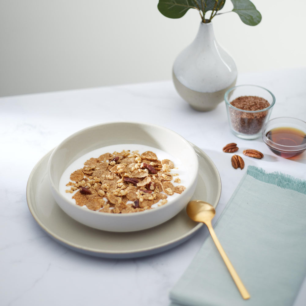 Nature's Path thick whole-grain flakes closeup reveal substantial crunch and fiber.