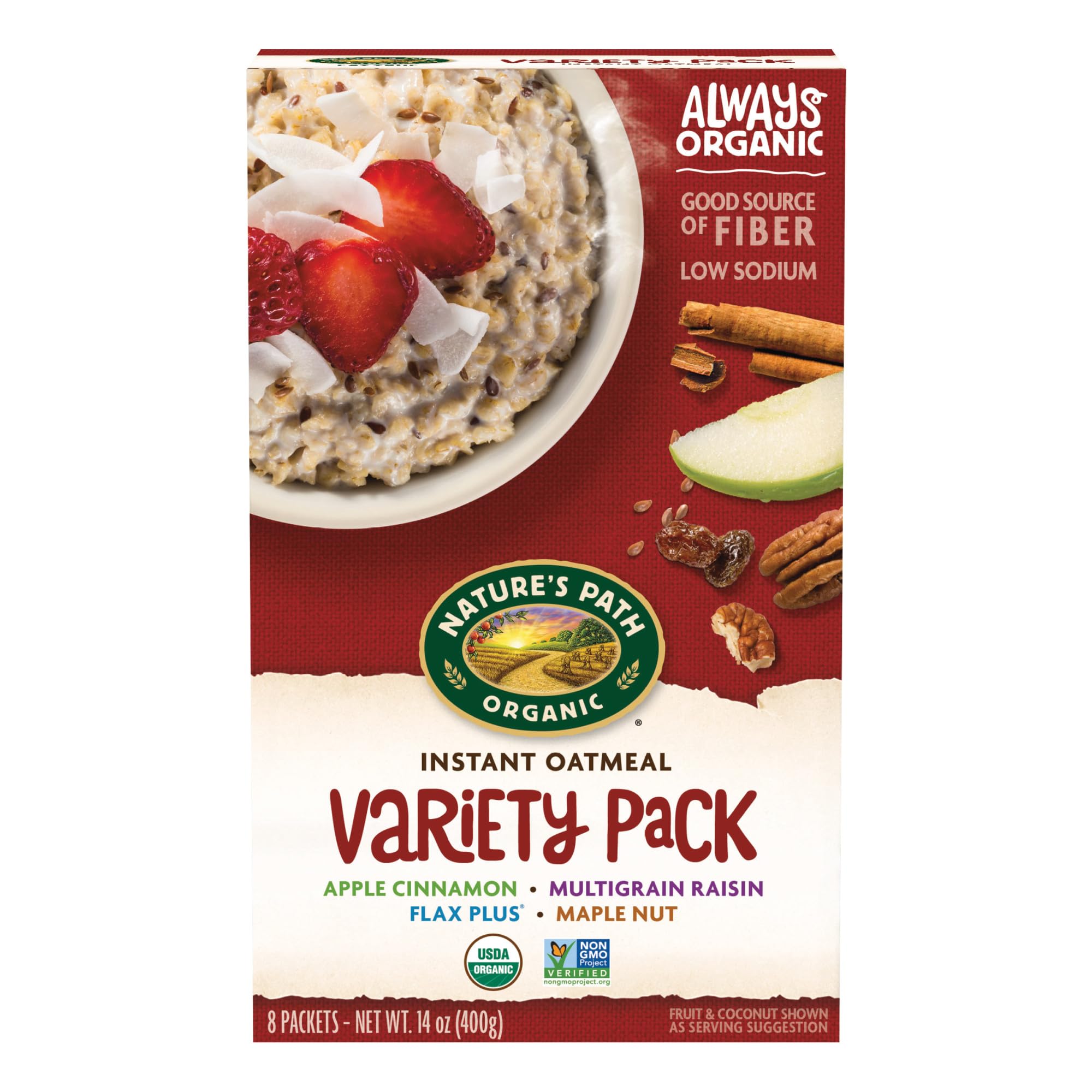 Nature's Path variety-pack box of instant oatmeal for quick, wholesome breakfasts.