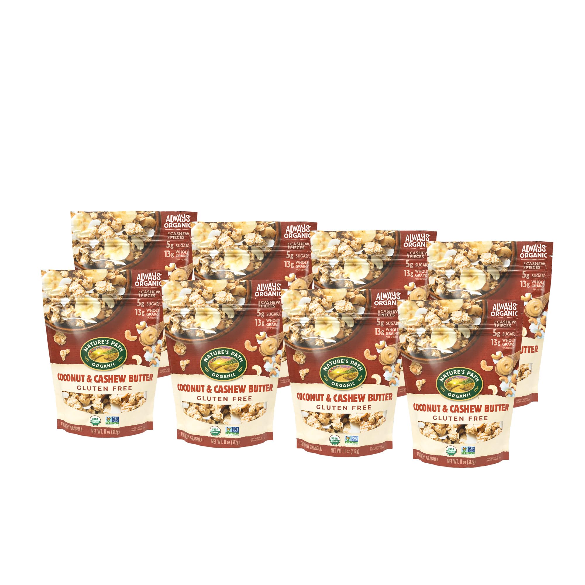 Whole grain oats with coconut chunks deliver fiber-rich crunch in Nature's Path granola.