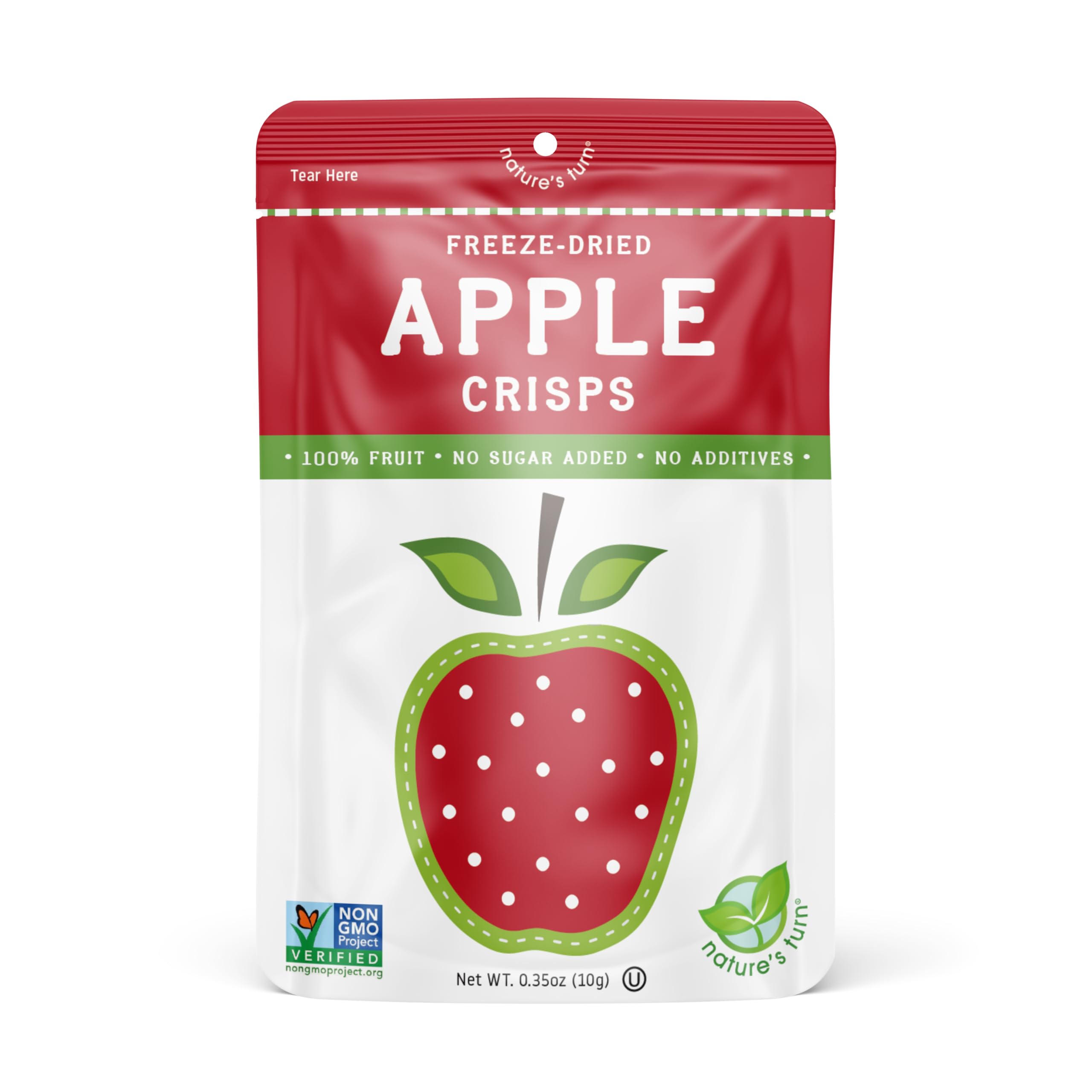Open bag of Nature’s Turn freeze-dried apple crisps ready for cereal topping.