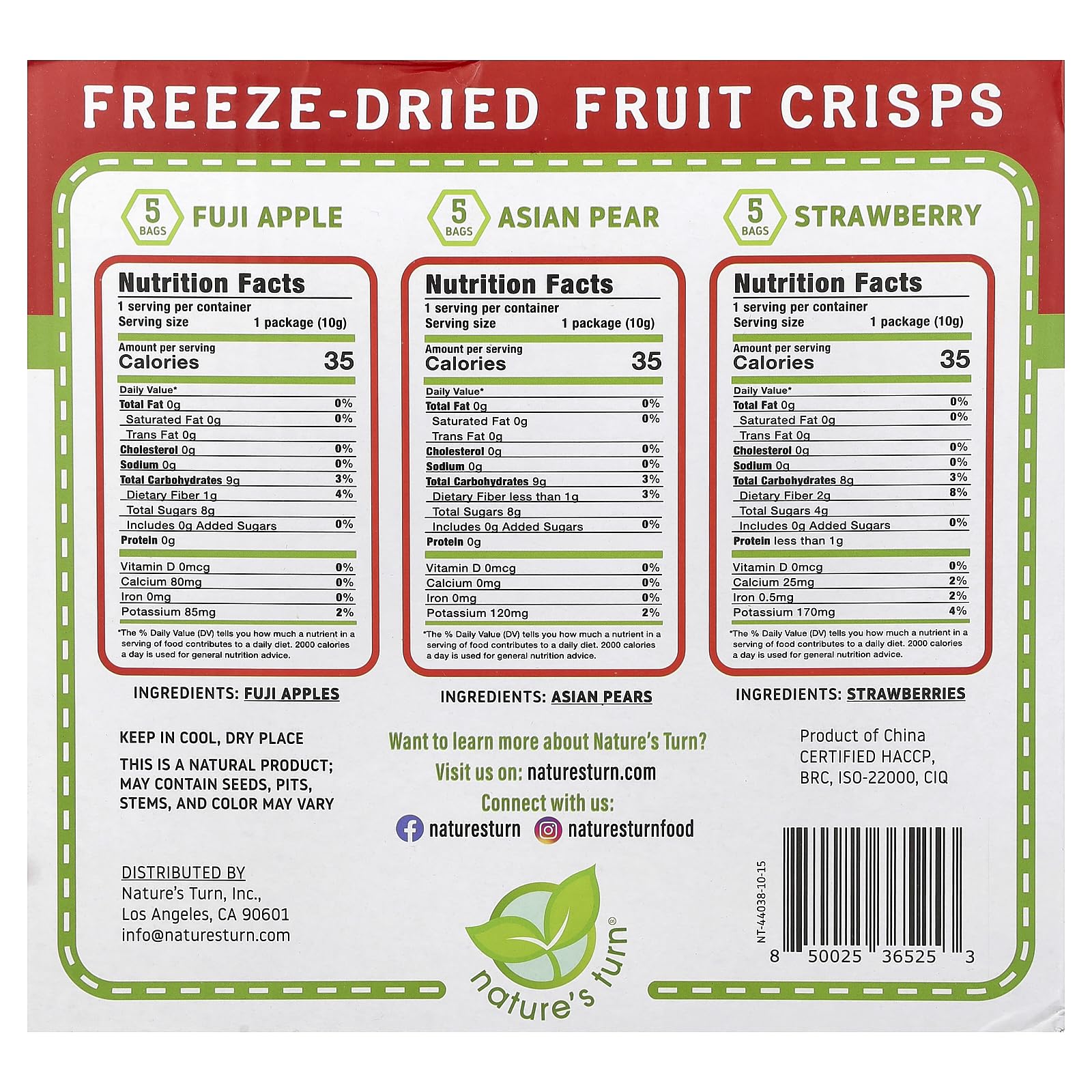 Close-up of Nature's Turn crisps, vibrant color, no added sugar, dairy-free snack.