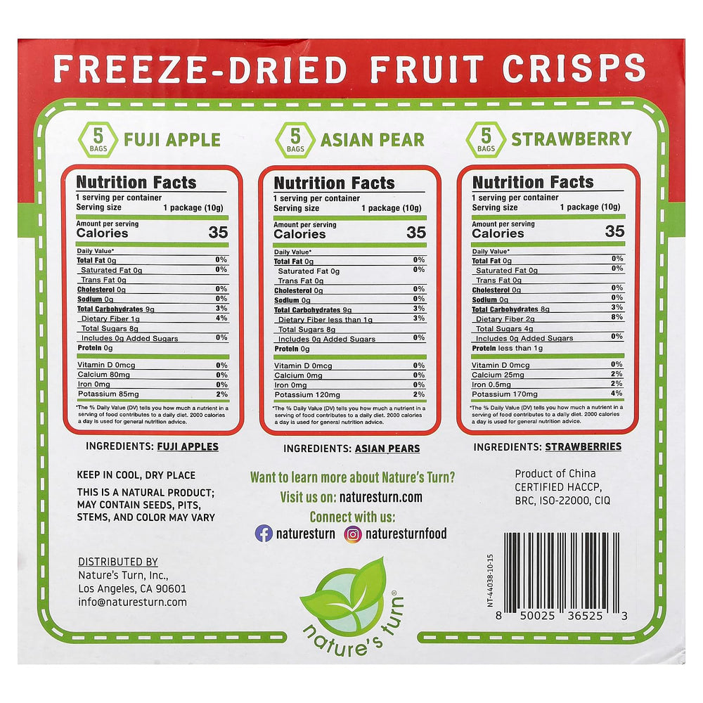 Close-up of Nature's Turn crisps, vibrant color, no added sugar, dairy-free snack.
