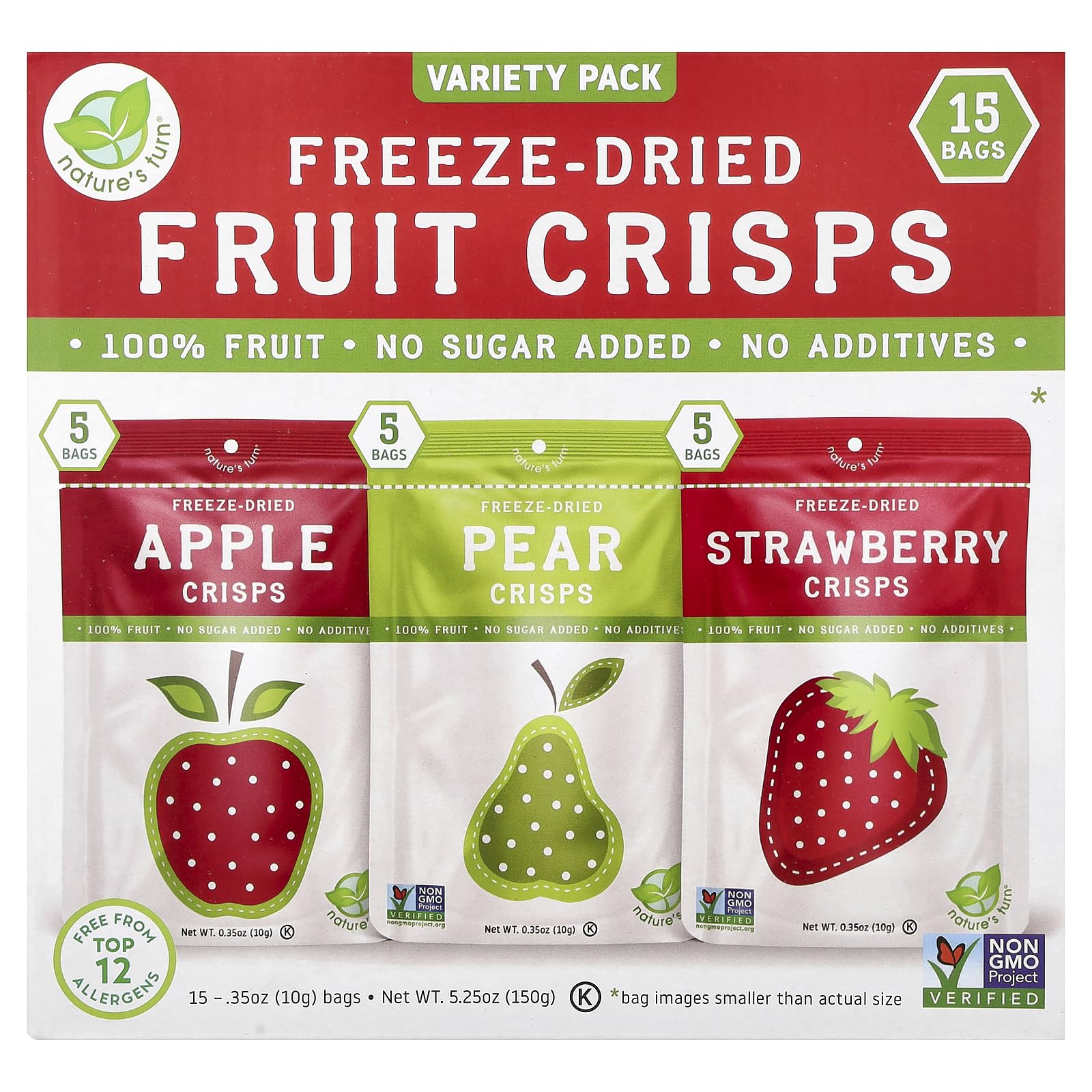 Nature's Turn freeze-dried crisps apple-strawberry-pear variety pack, gluten-free and plant-based snack.