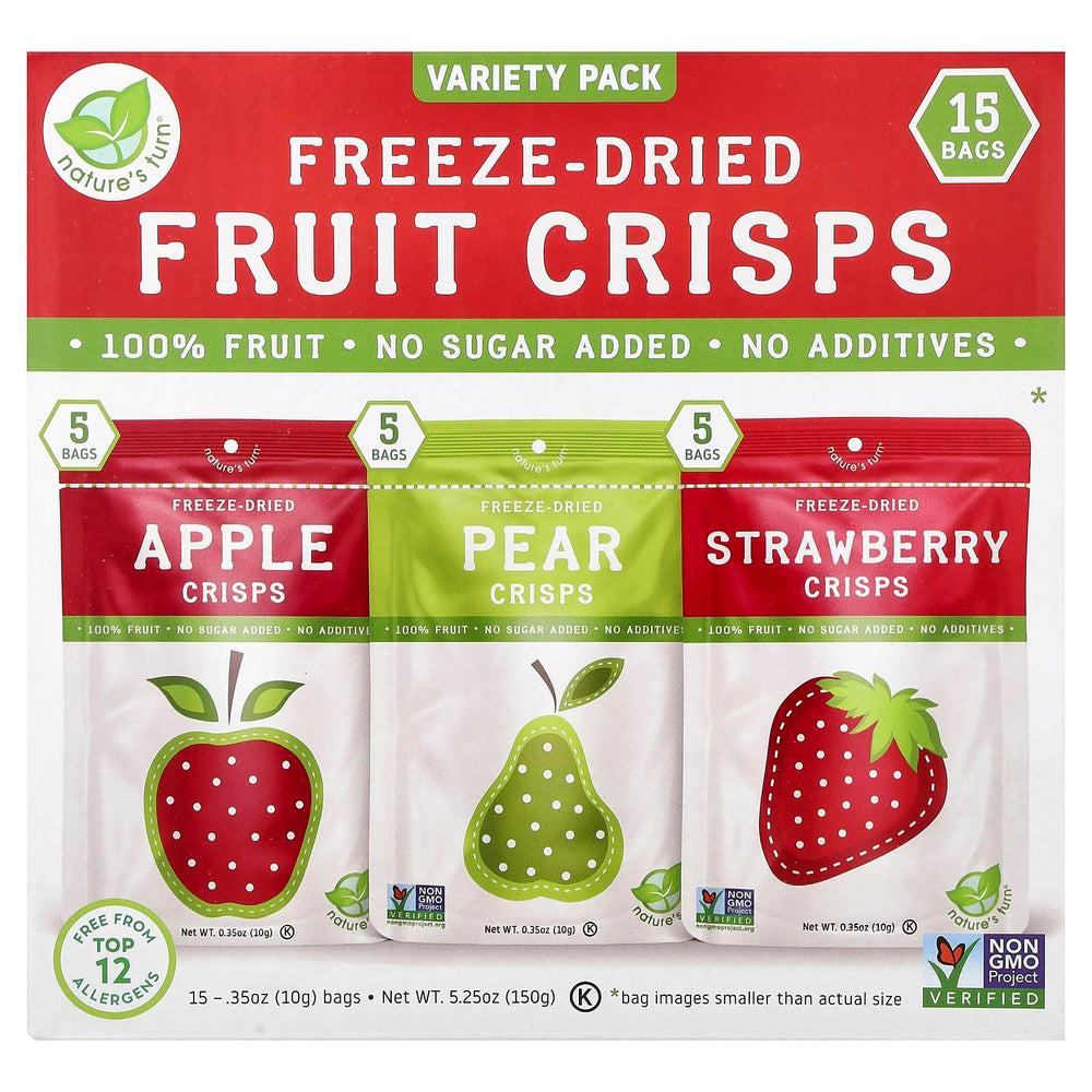 Nature's Turn freeze-dried crisps apple-strawberry-pear variety pack, gluten-free and plant-based snack.