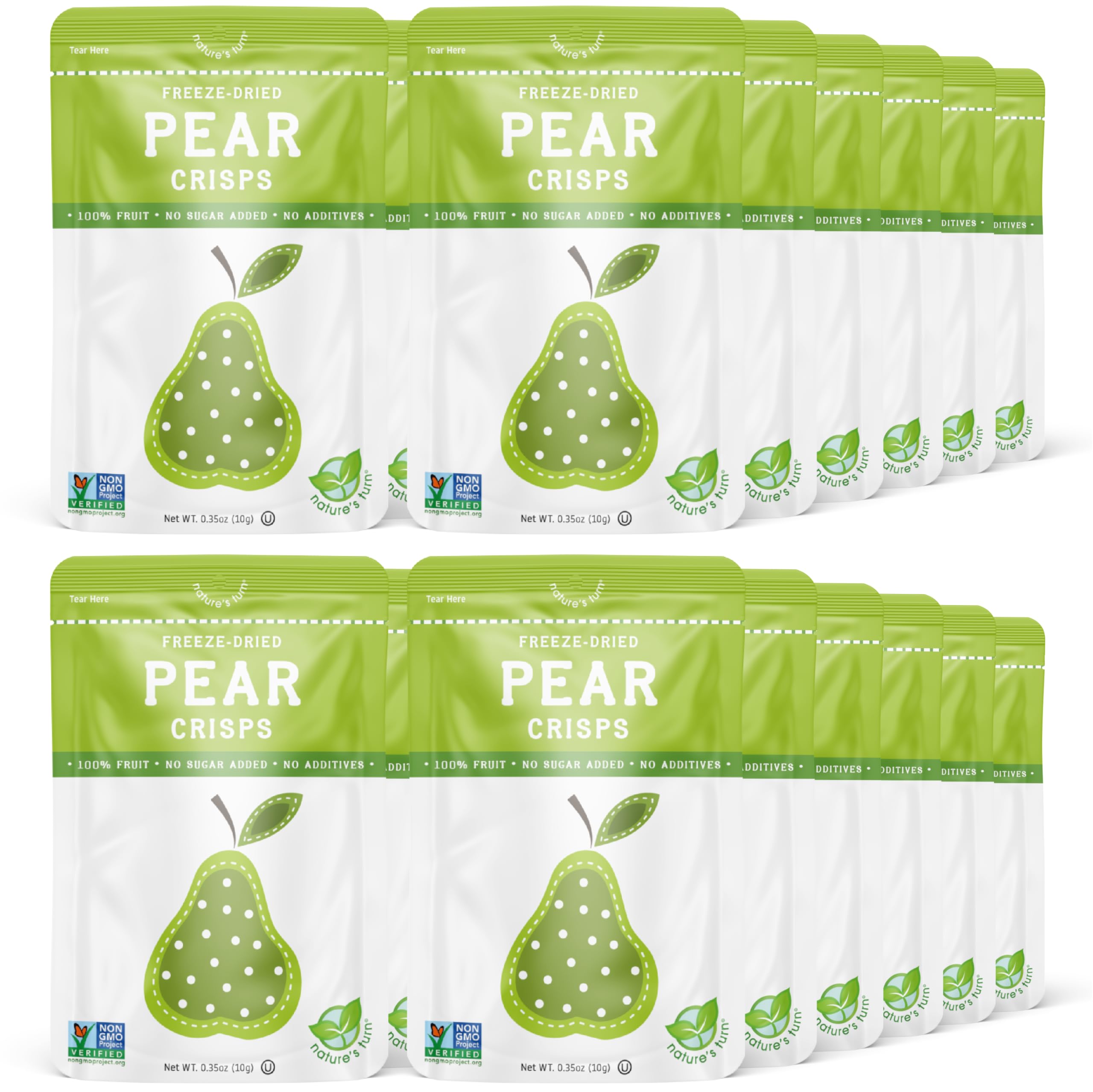 Nature’s Turn Freeze-Dried Pear Crisps bag showing a convenient gluten-free snack for on-the-go
