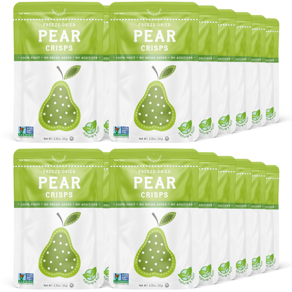 Nature’s Turn Freeze-Dried Pear Crisps bag showing a convenient gluten-free snack for on-the-go