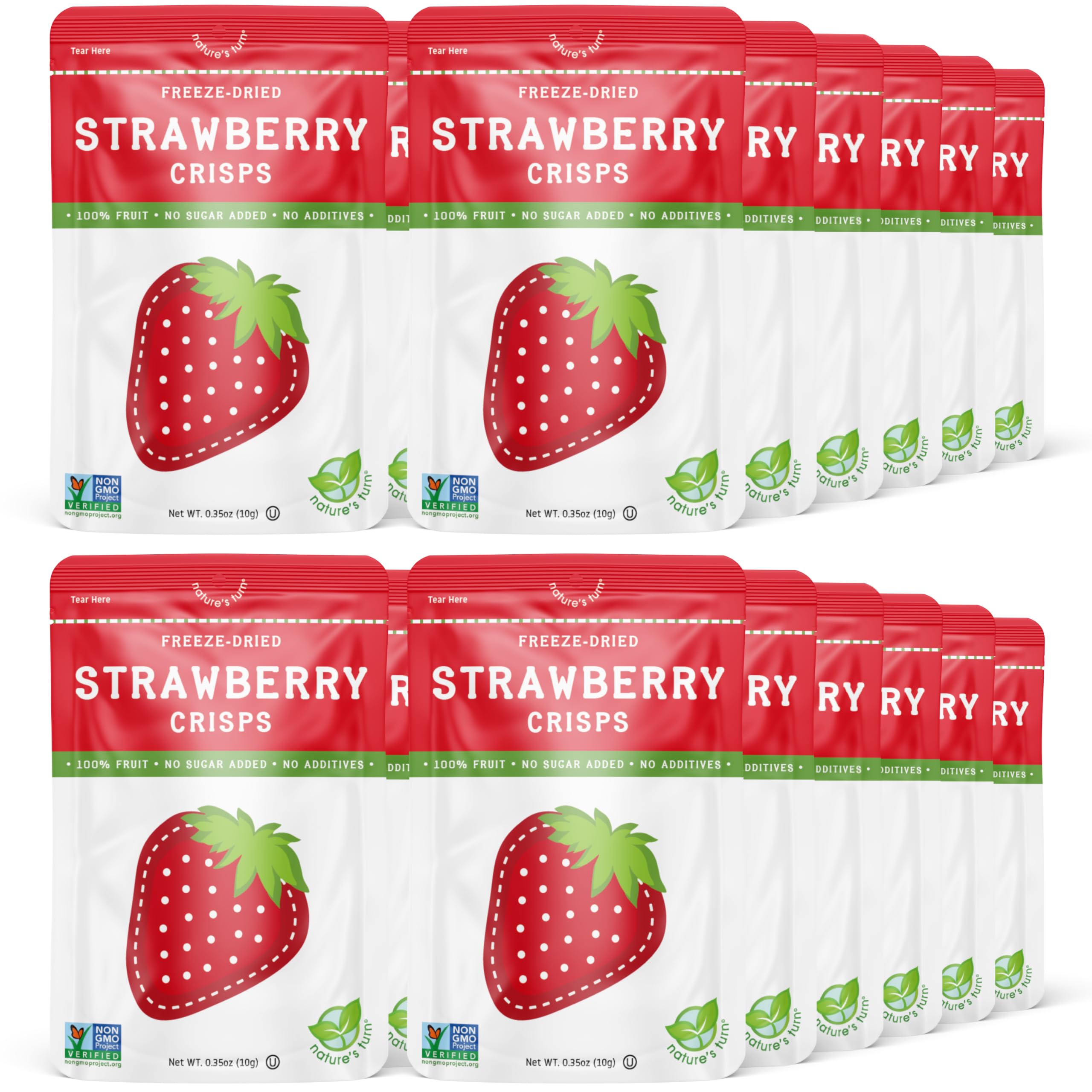 Nature's Turn Freeze-Dried Strawberry Crisps pack shot showing 24 bags for convenient snacking