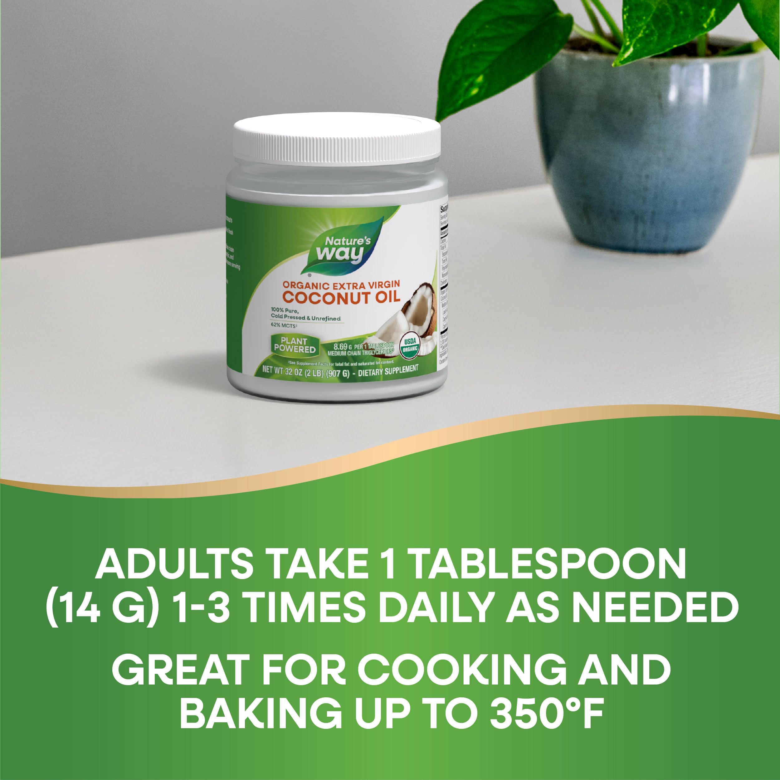 Nature's Way coconut oil diagonal bottle captures premium cold-pressed oil.
