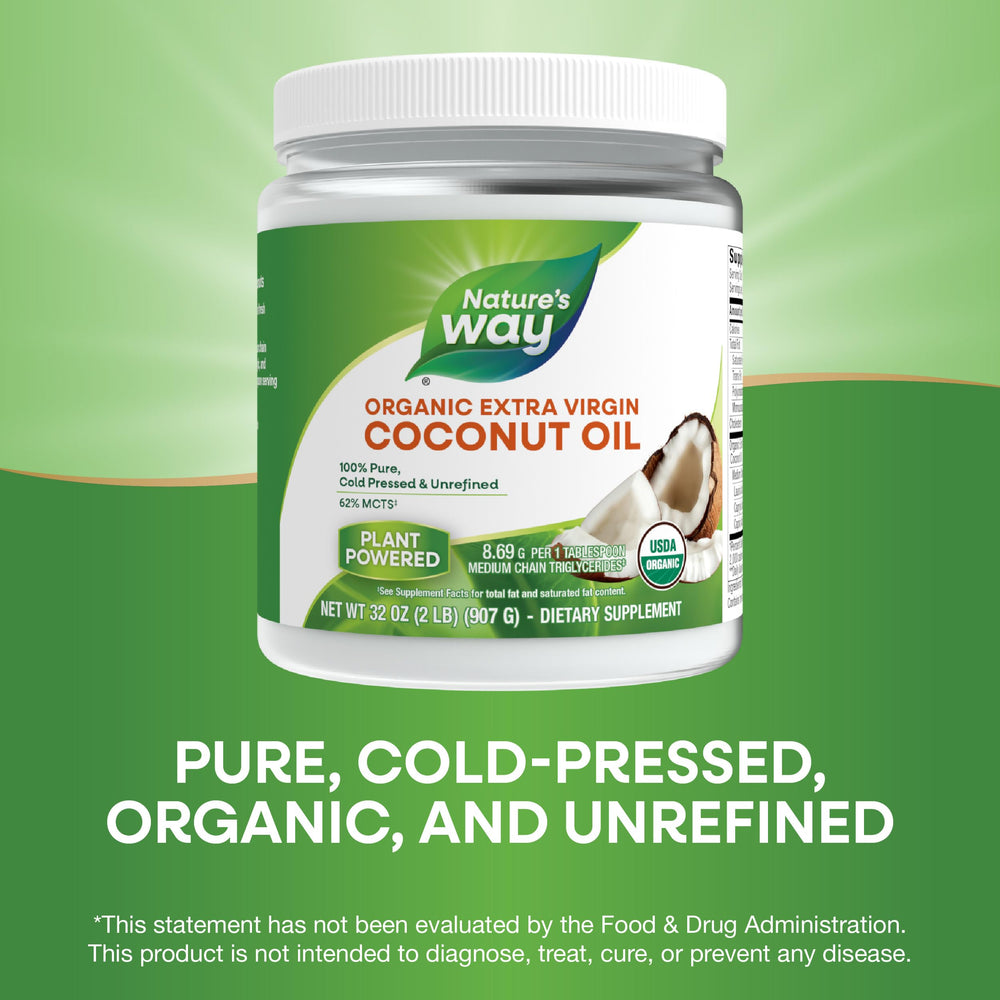 Nature's Way coconut oil glass bottle top view suggests hexane-free, cold-pressed goodness.