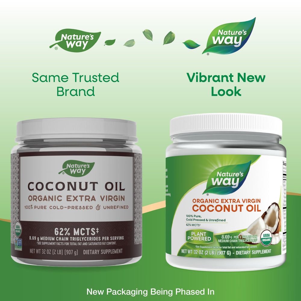 Nature's Way coconut oil pour bottle shows easy drizzle for sautéing and baking.