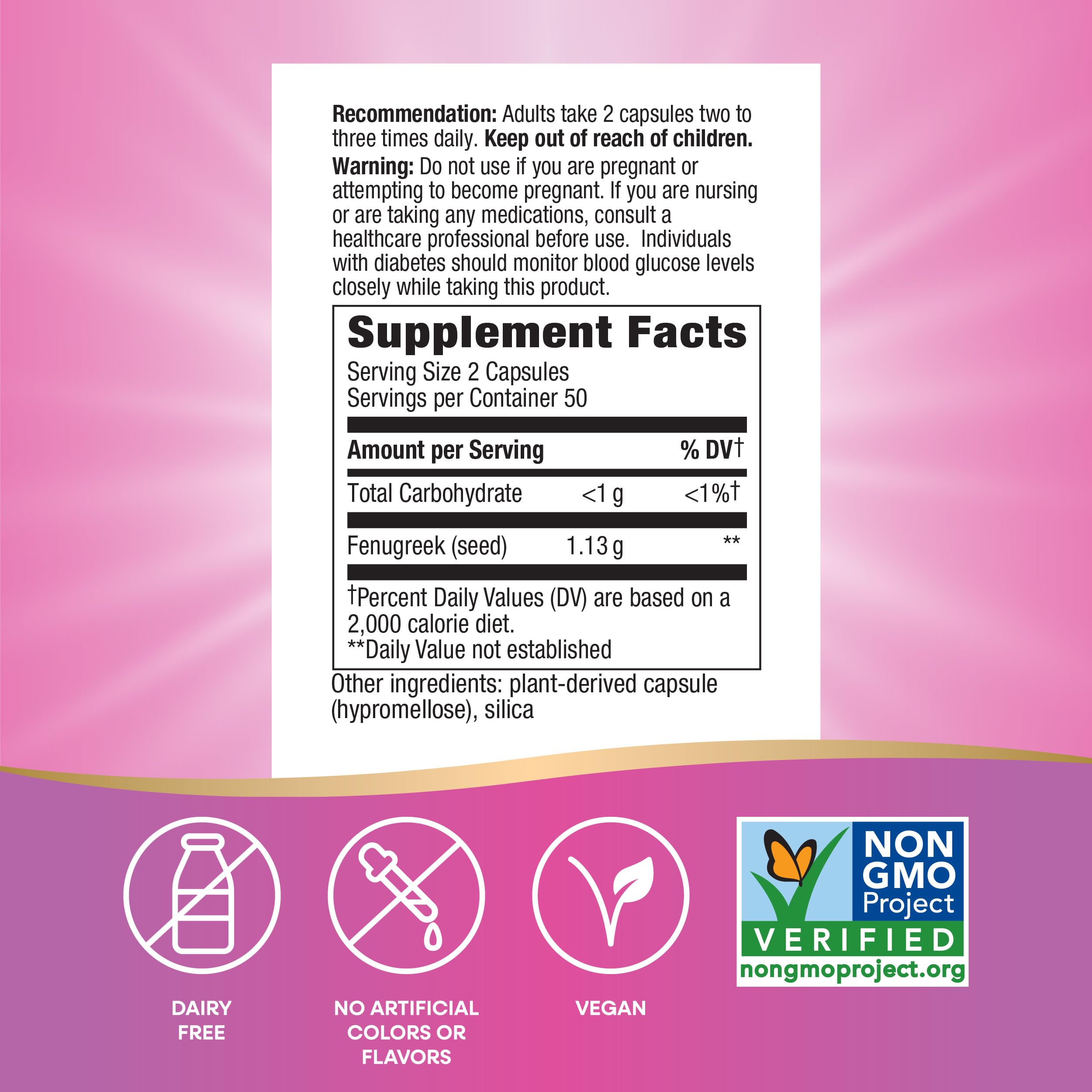 Two capsules per serving visual for Nature's Way Fenugreek Seed