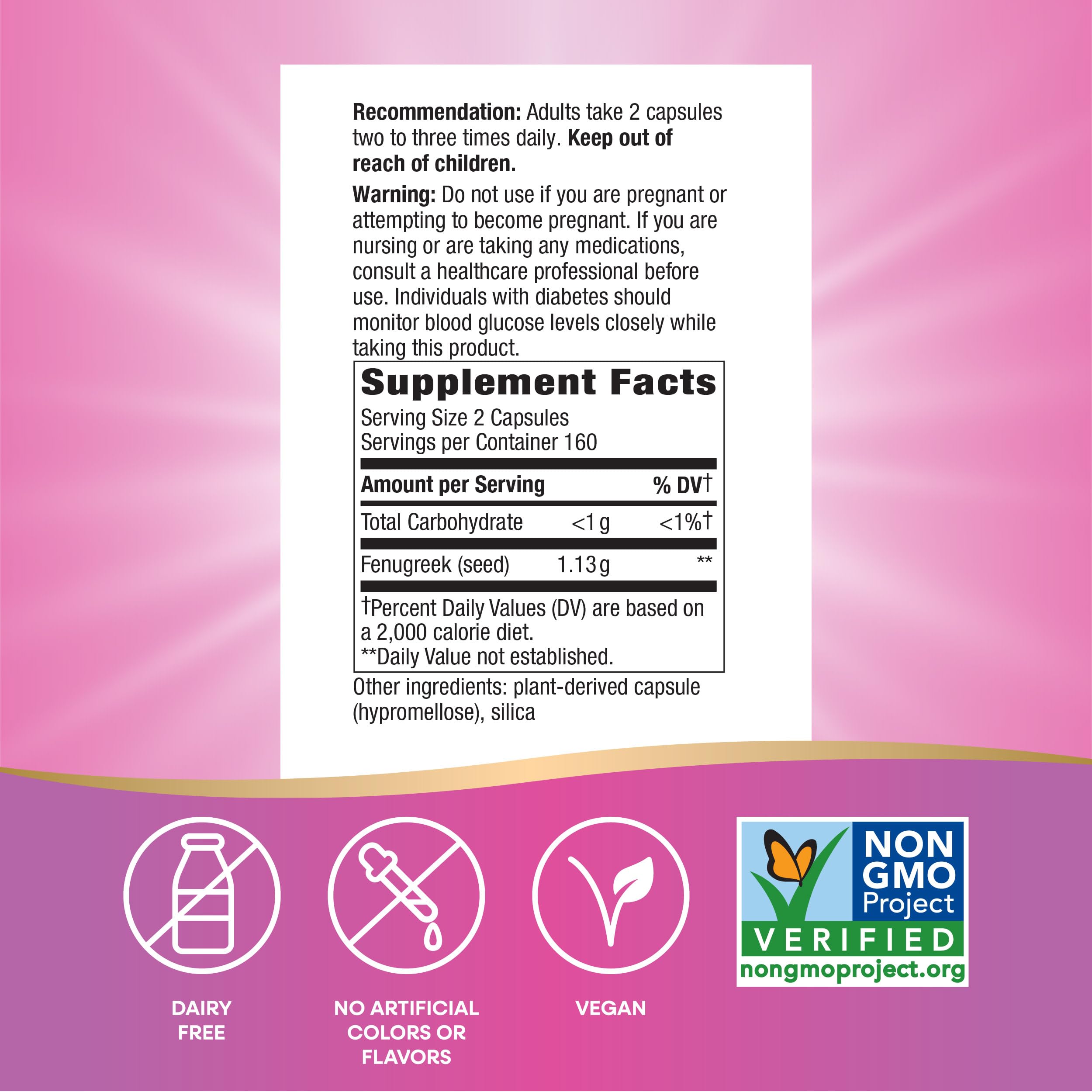 Non-GMO Project Verified vegan badge on Nature's Way Fenugreek Seed packaging.