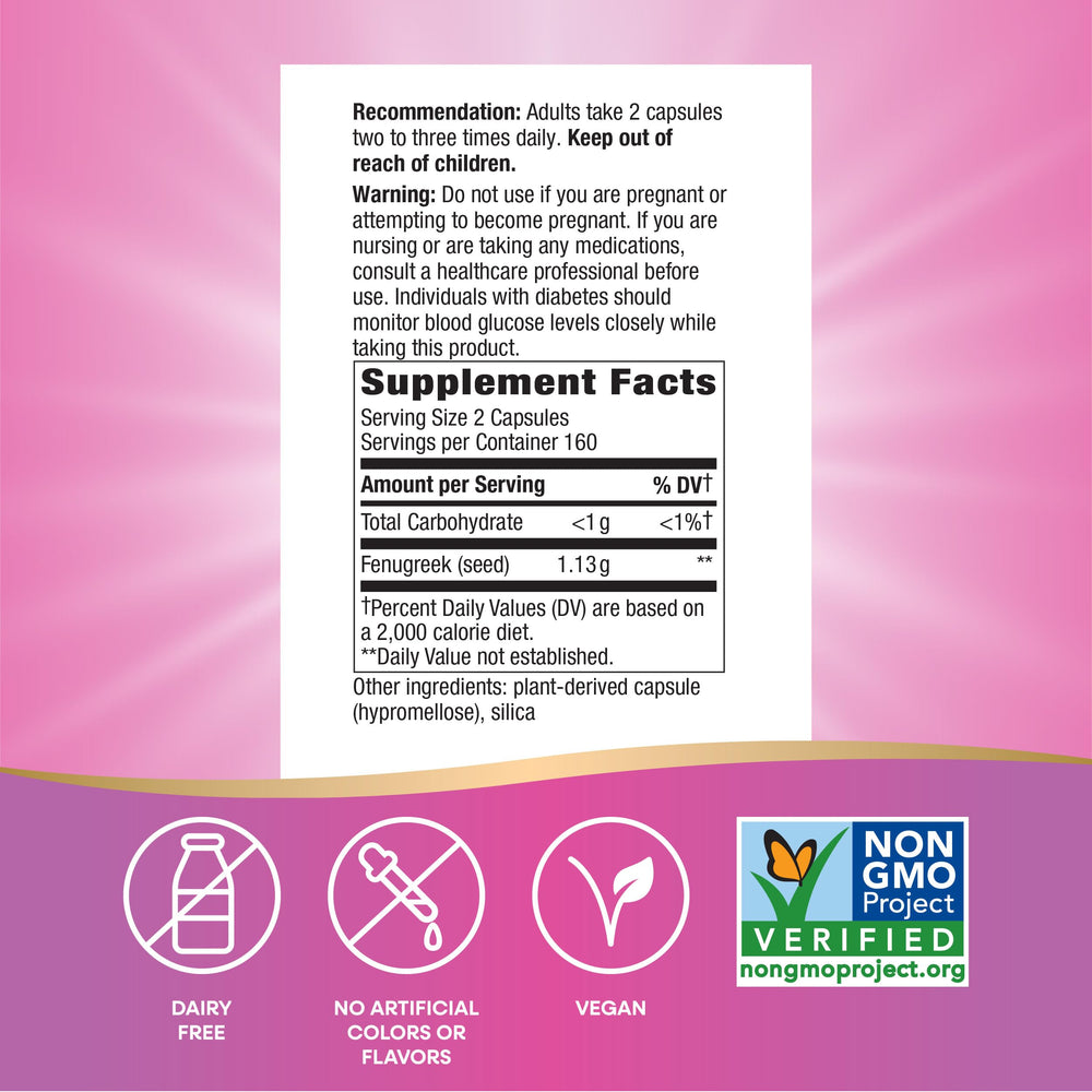 Non-GMO Project Verified vegan badge on Nature's Way Fenugreek Seed packaging.