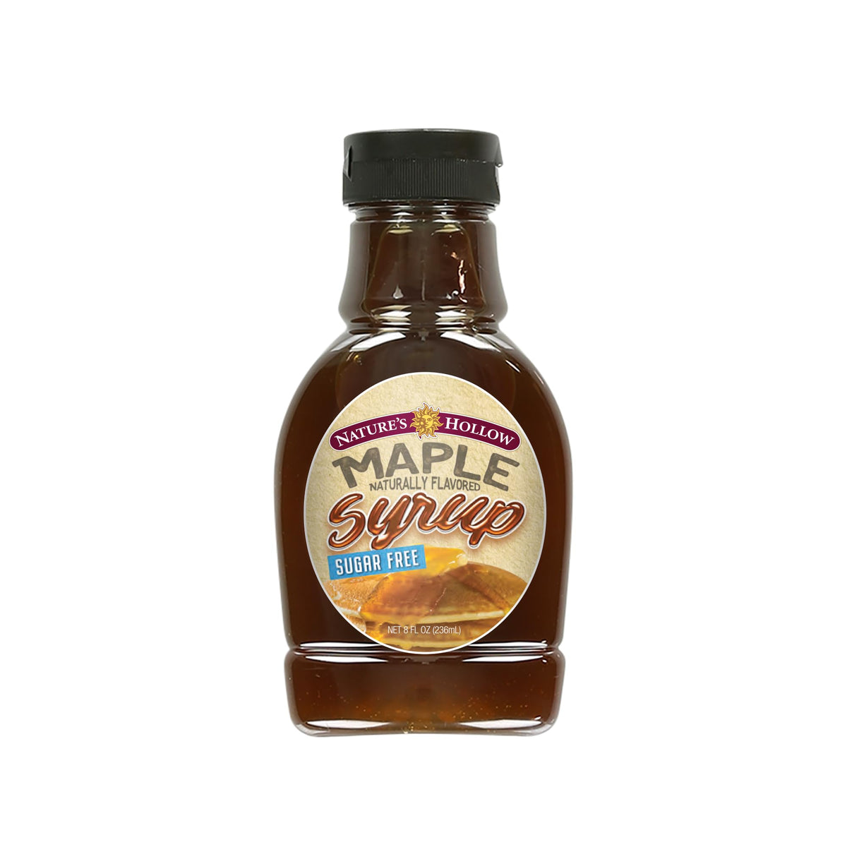 Nature's Hollow sugar-free maple syrup bottle poured over pancakes for a gluten-free breakfast boost.