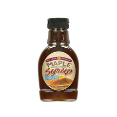 Nature's Hollow sugar-free maple syrup bottle poured over pancakes for a gluten-free breakfast boost.