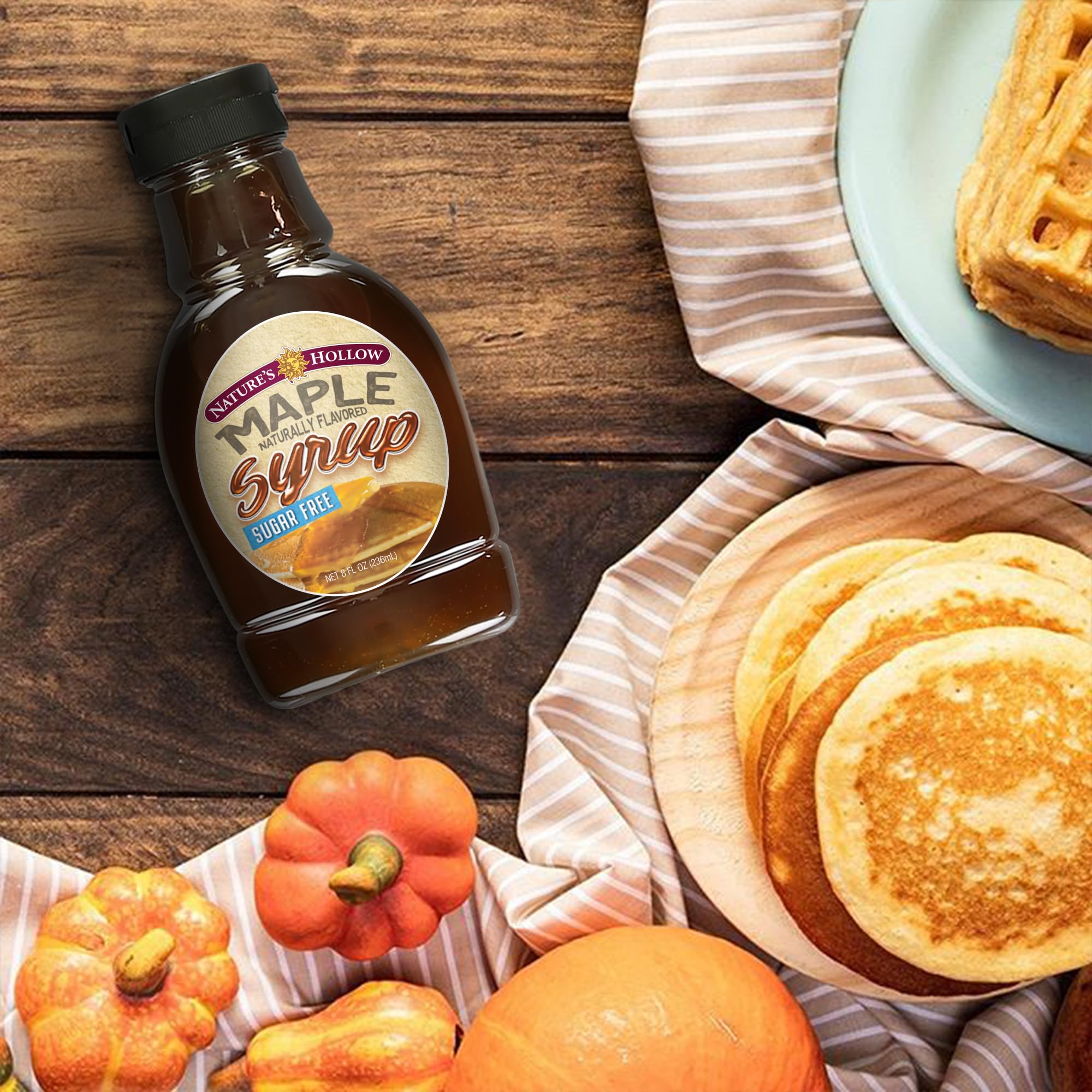Nature's Hollow gluten-free syrup label highlighting calories per serving.